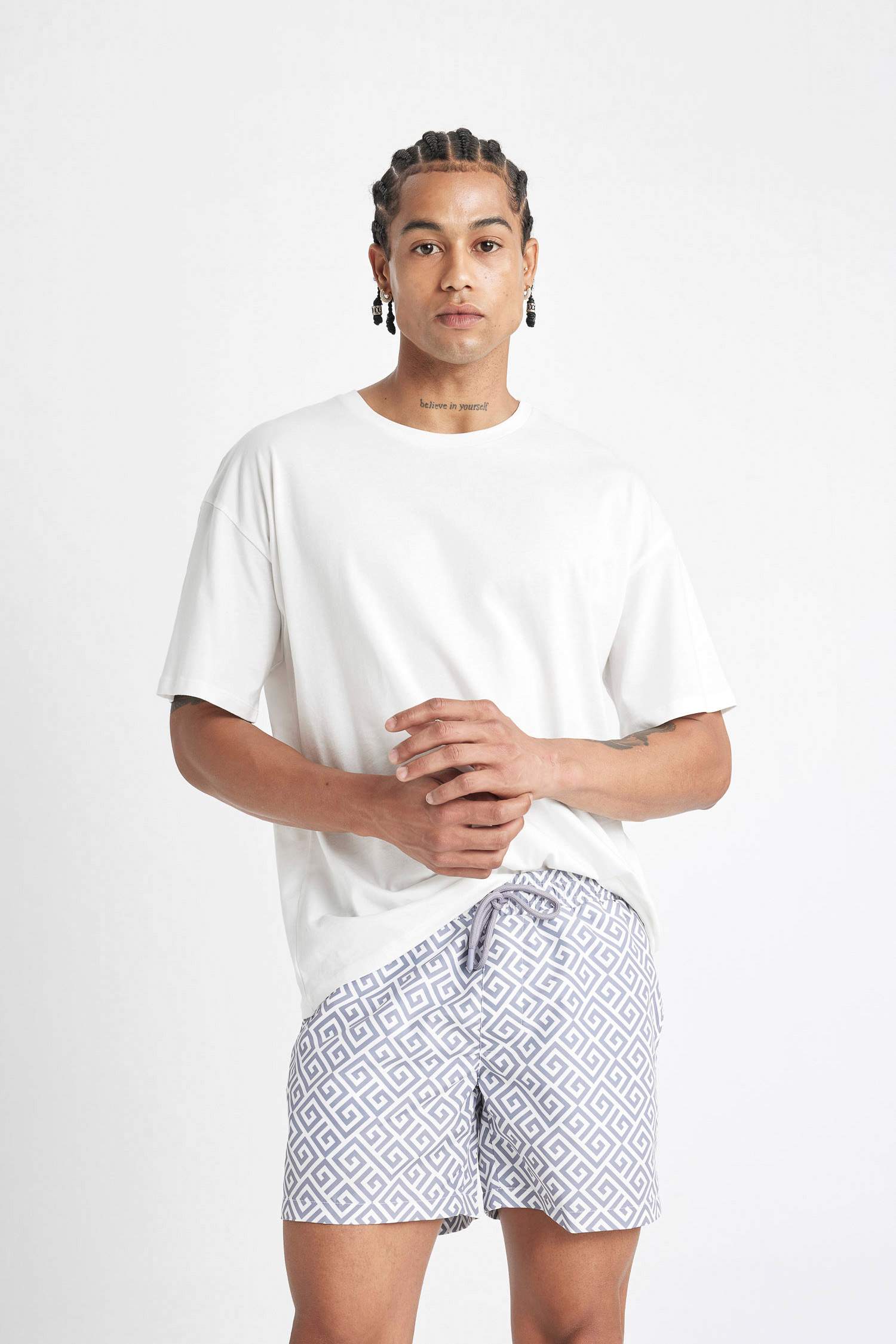 Patterned Mesh Lined Short Swim Shorts