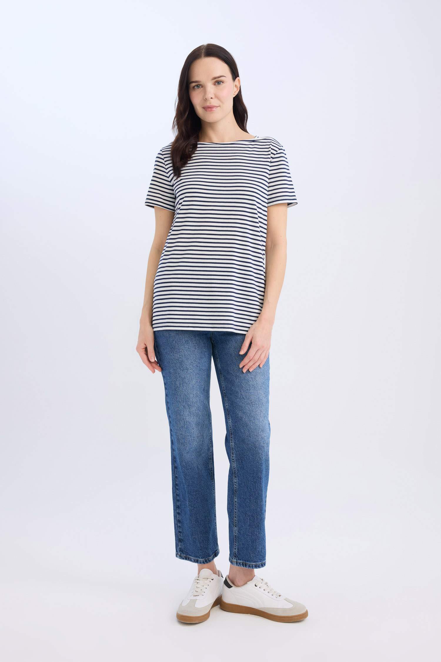 Regular Fit Boat Neck Striped Short Sleeve T-Shirt