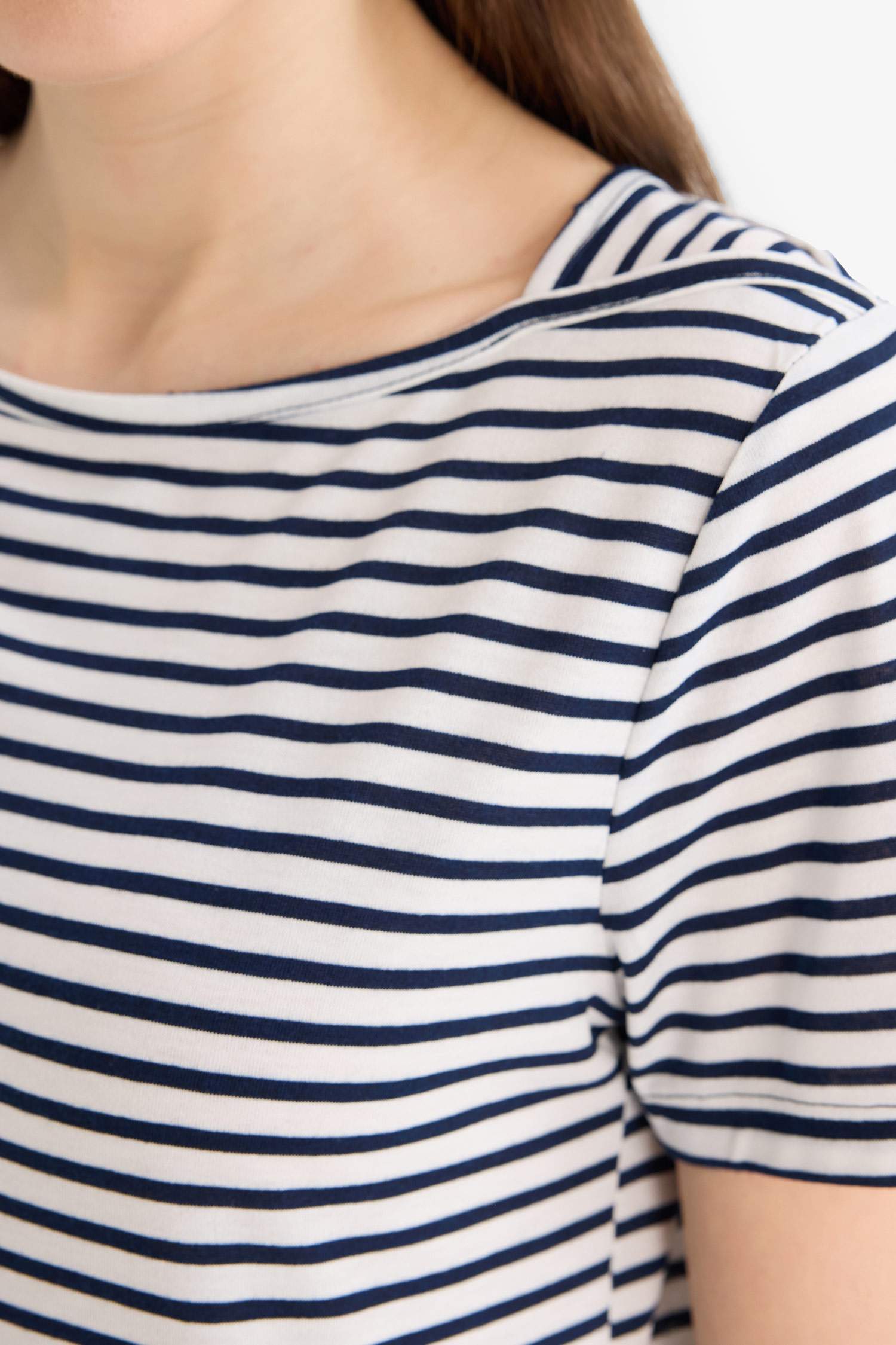 Regular Fit Boat Neck Striped Short Sleeve T-Shirt