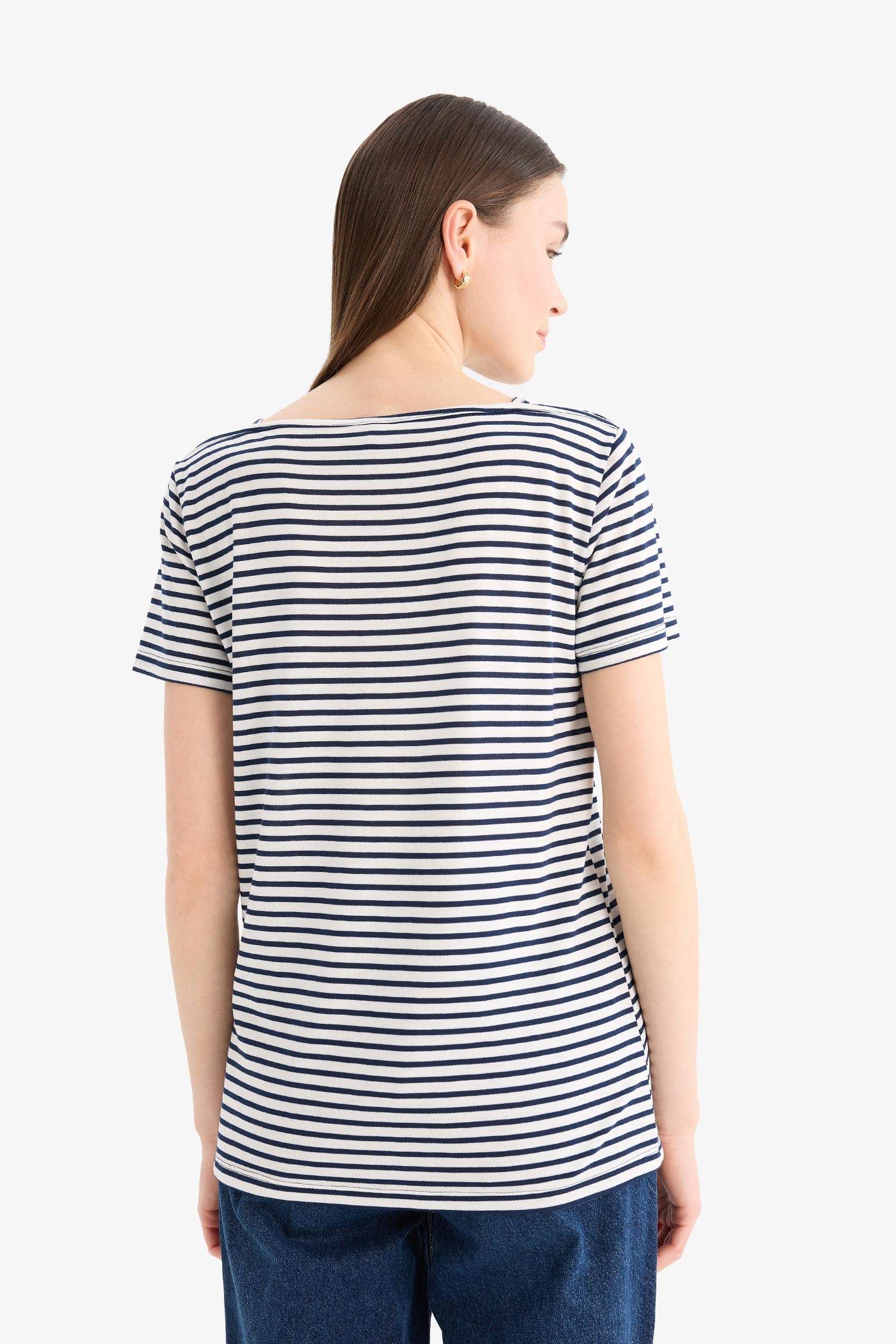 Regular Fit Boat Neck Striped Short Sleeve T-Shirt