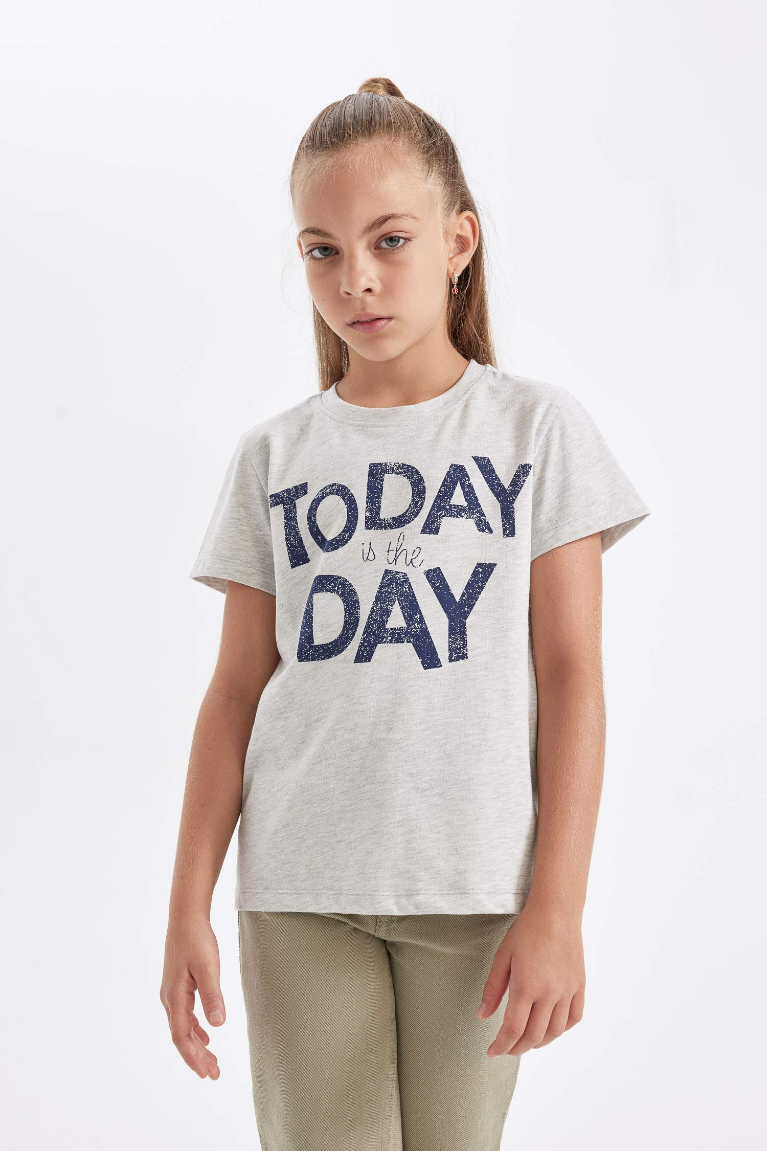 Girl Slim Fit Crew Neck Slogan Printed T-Shirt