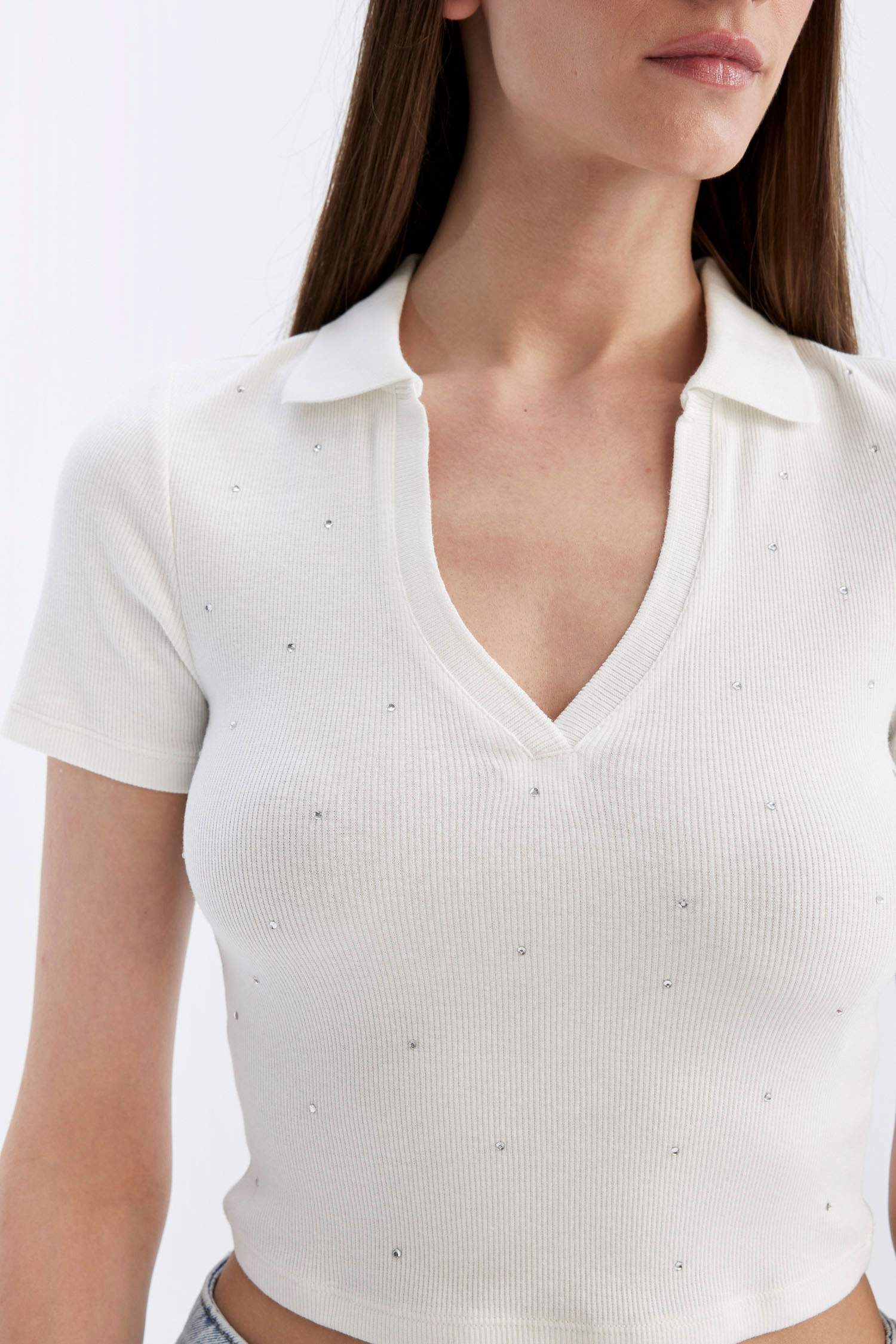 Slim Fit Dar Kesim Polo Yaka Fitilli Kaşkorse Kısa Kollu Tişört