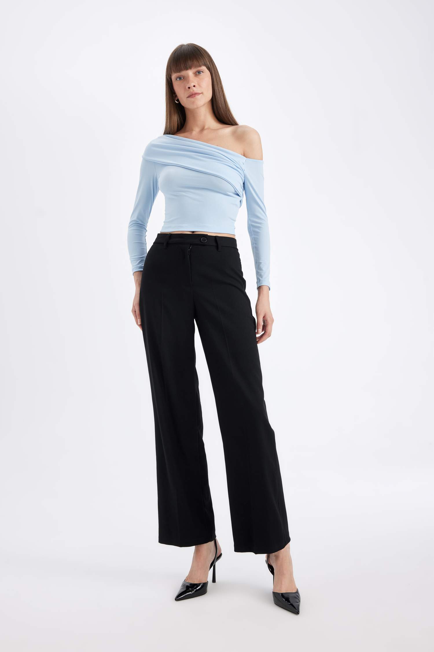 Slim Fit Dar Kesim Omzu Açık Basic Düz Uzun Kollu Bluz