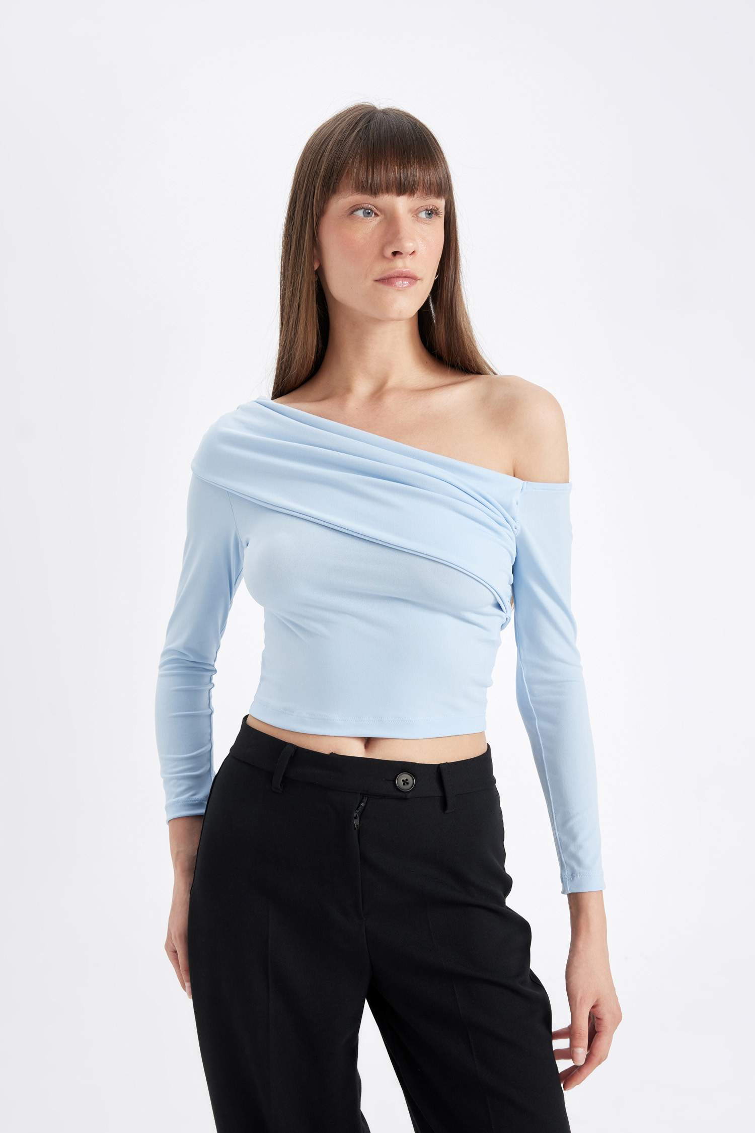 Slim Fit Dar Kesim Omzu Açık Basic Düz Uzun Kollu Bluz