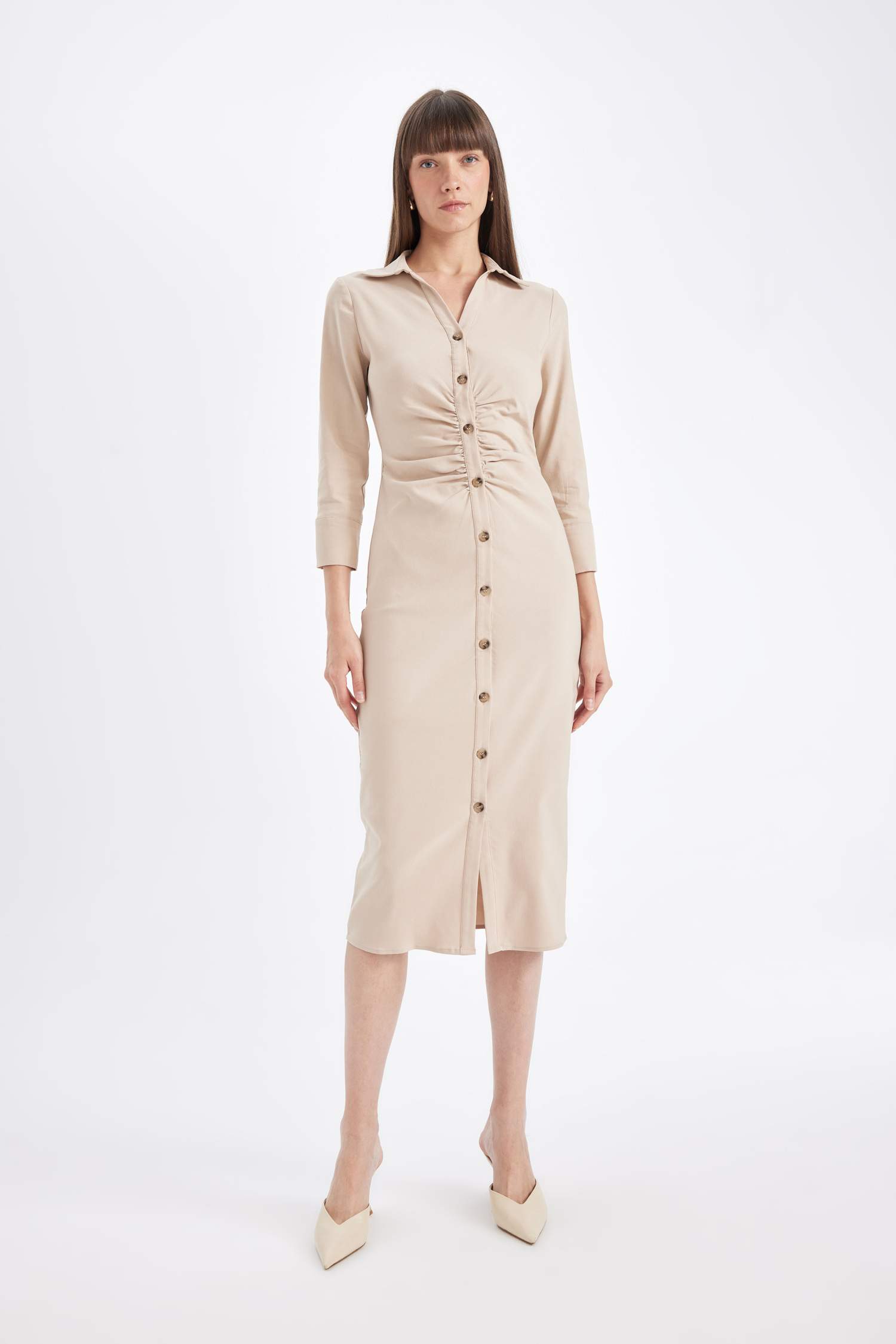 Gömlek Yaka Basic Düz Düğmeli Beli Büzgülü Bengalin Yarım Kollu Elbise