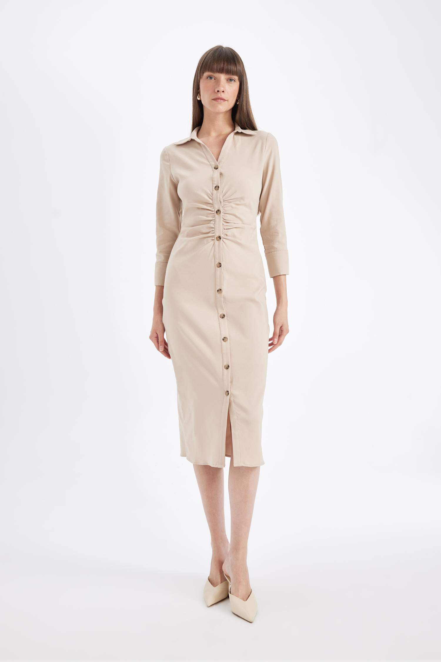 Gömlek Yaka Basic Düz Düğmeli Beli Büzgülü Bengalin Yarım Kollu Elbise