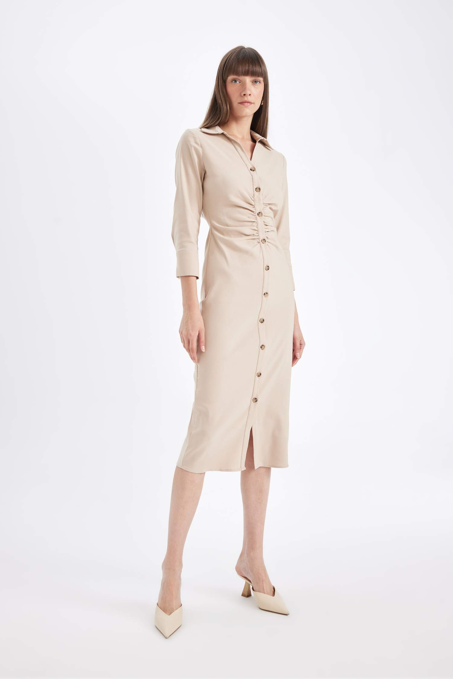 Gömlek Yaka Basic Düz Düğmeli Beli Büzgülü Bengalin Yarım Kollu Elbise