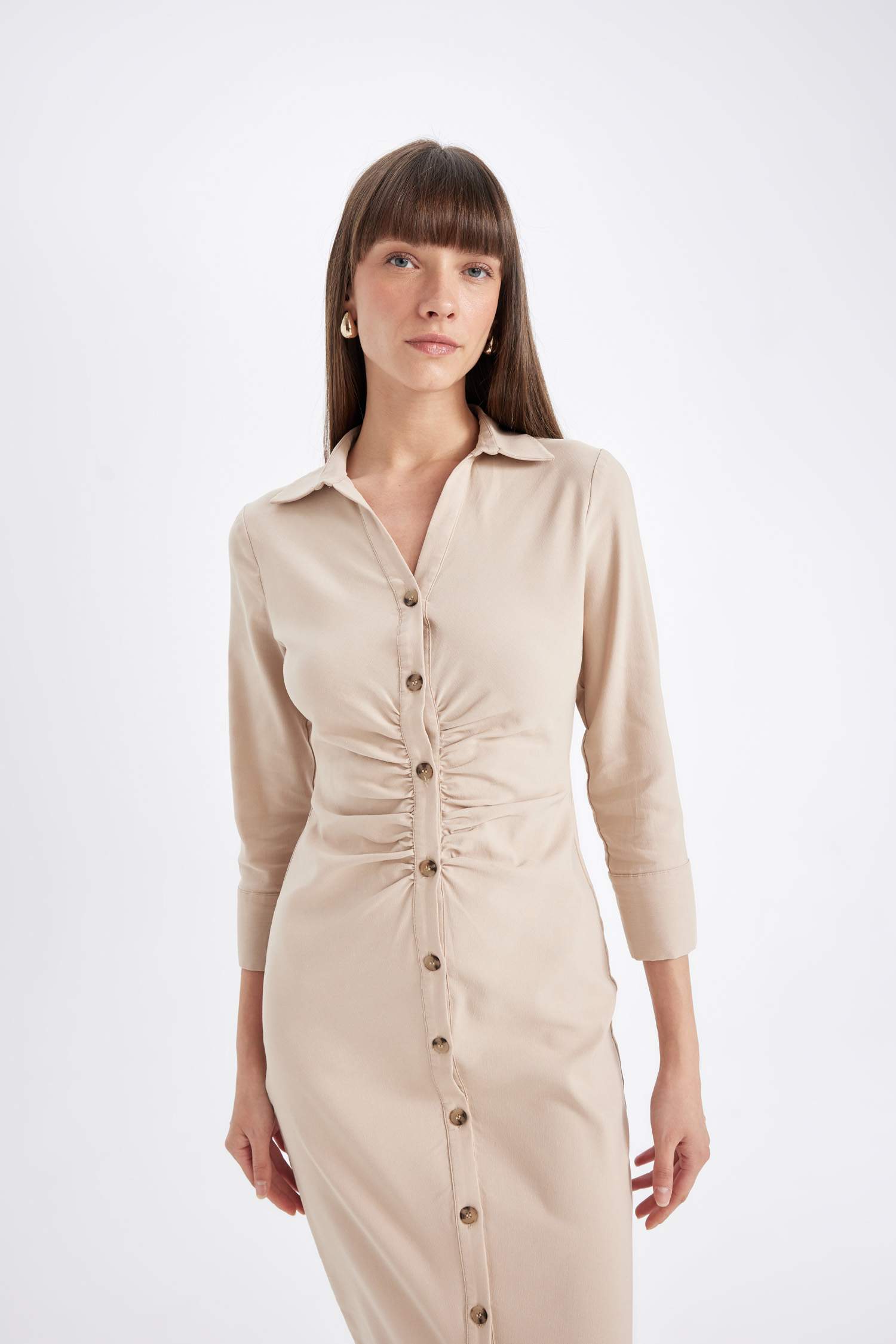 Gömlek Yaka Basic Düz Düğmeli Beli Büzgülü Bengalin Yarım Kollu Elbise