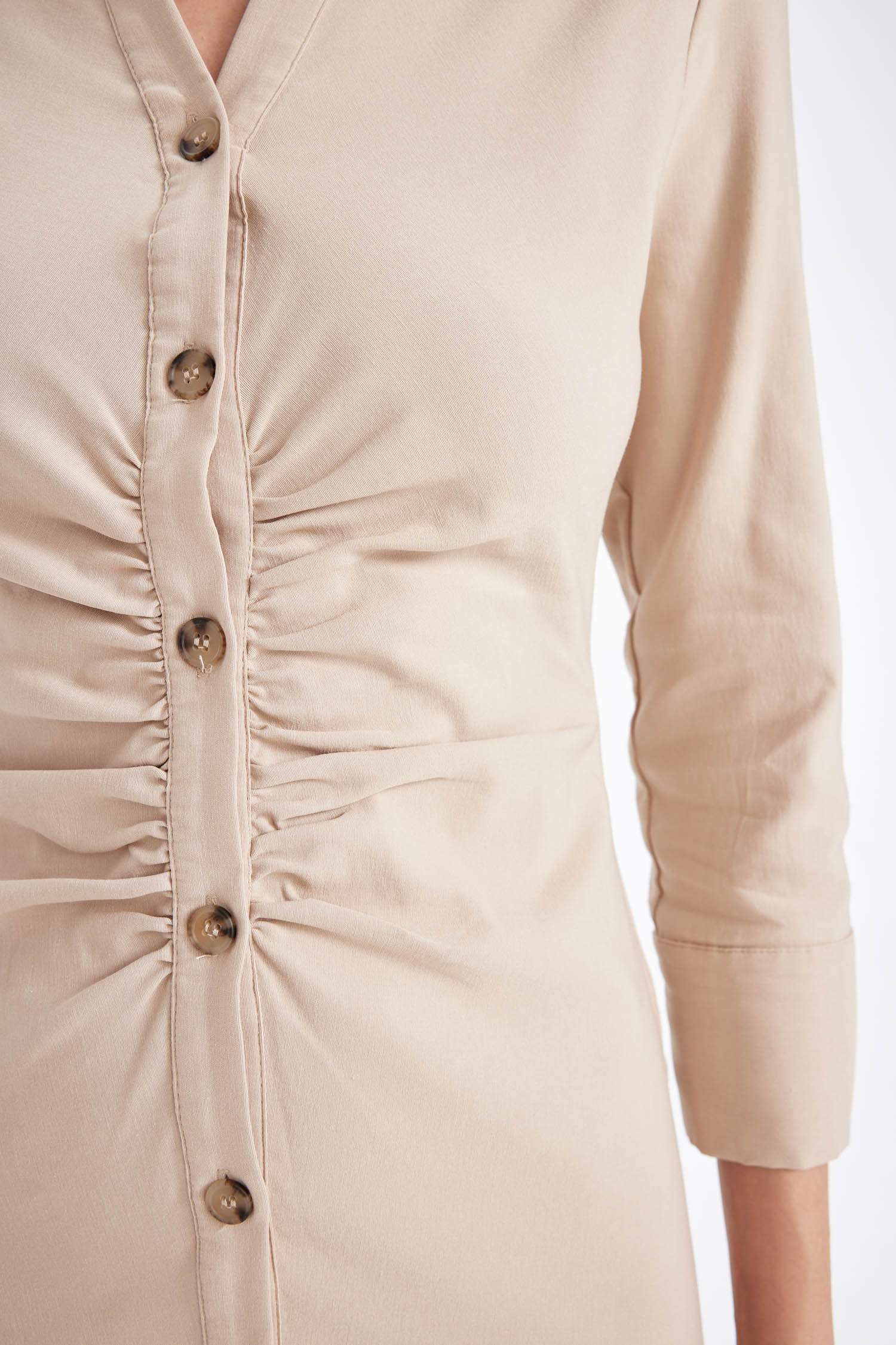 Gömlek Yaka Basic Düz Düğmeli Beli Büzgülü Bengalin Yarım Kollu Elbise