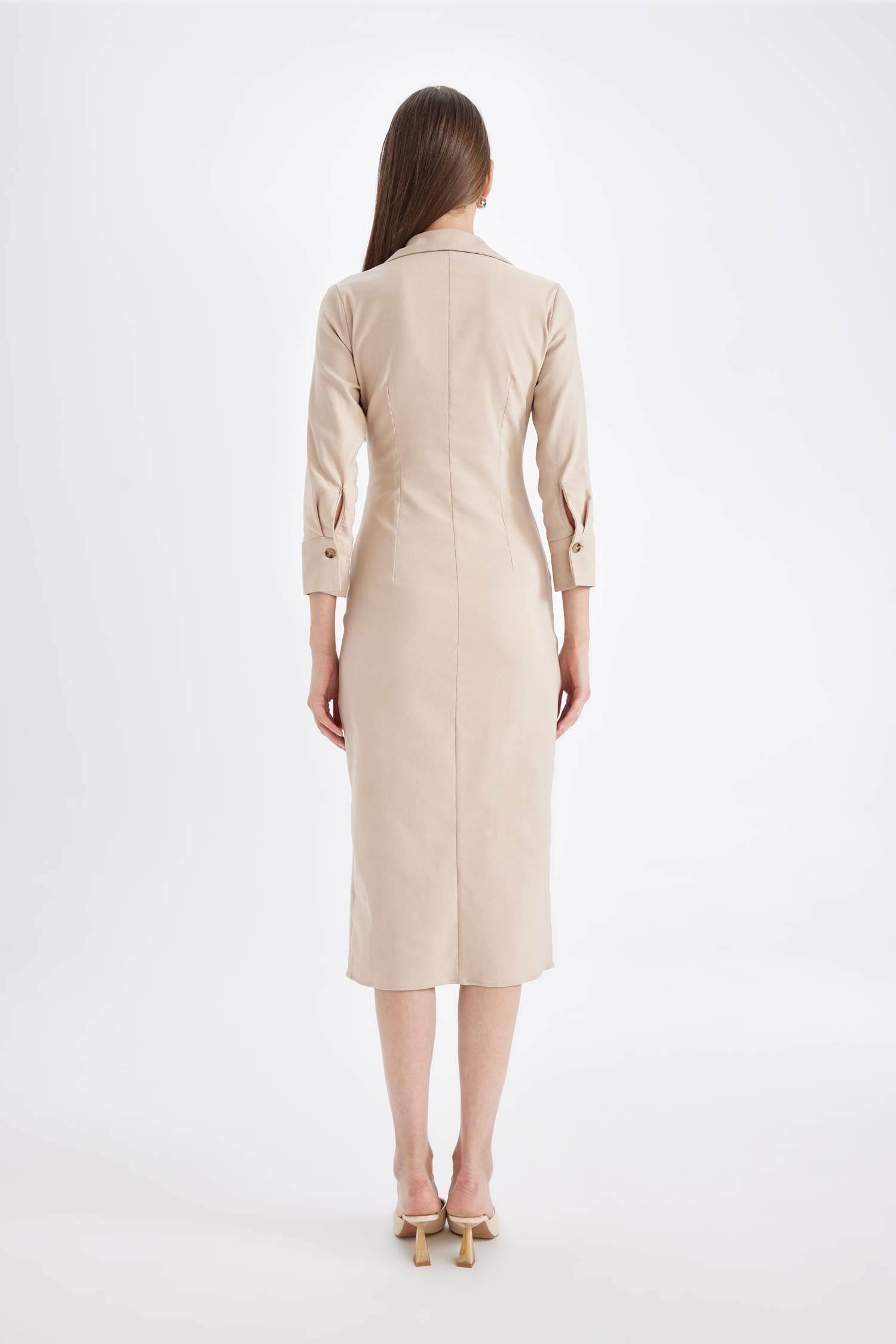 Gömlek Yaka Basic Düz Düğmeli Beli Büzgülü Bengalin Yarım Kollu Elbise