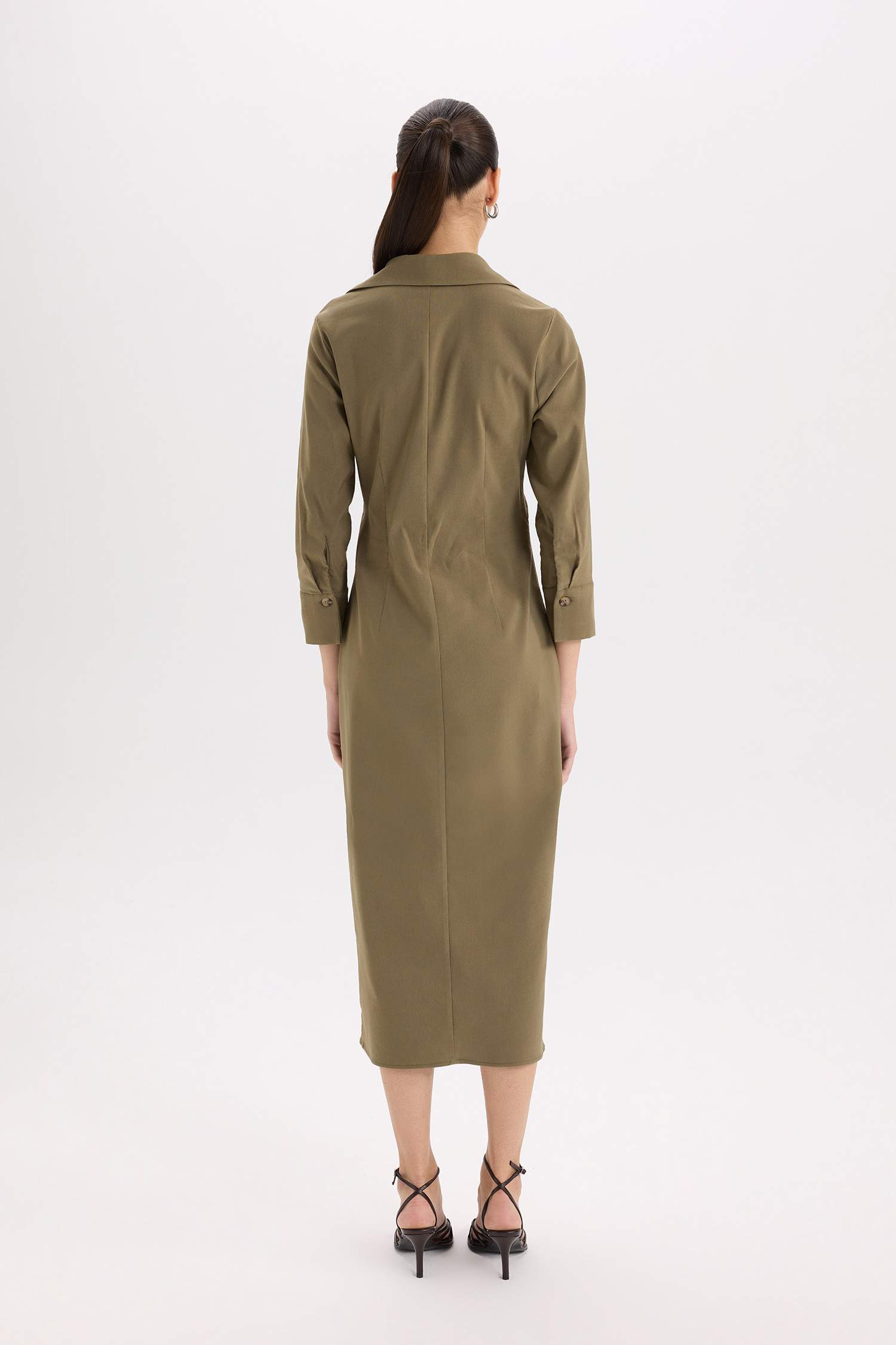 Shirt Collar Basic Buttoned Waist Pleated Half Sleeve Dress