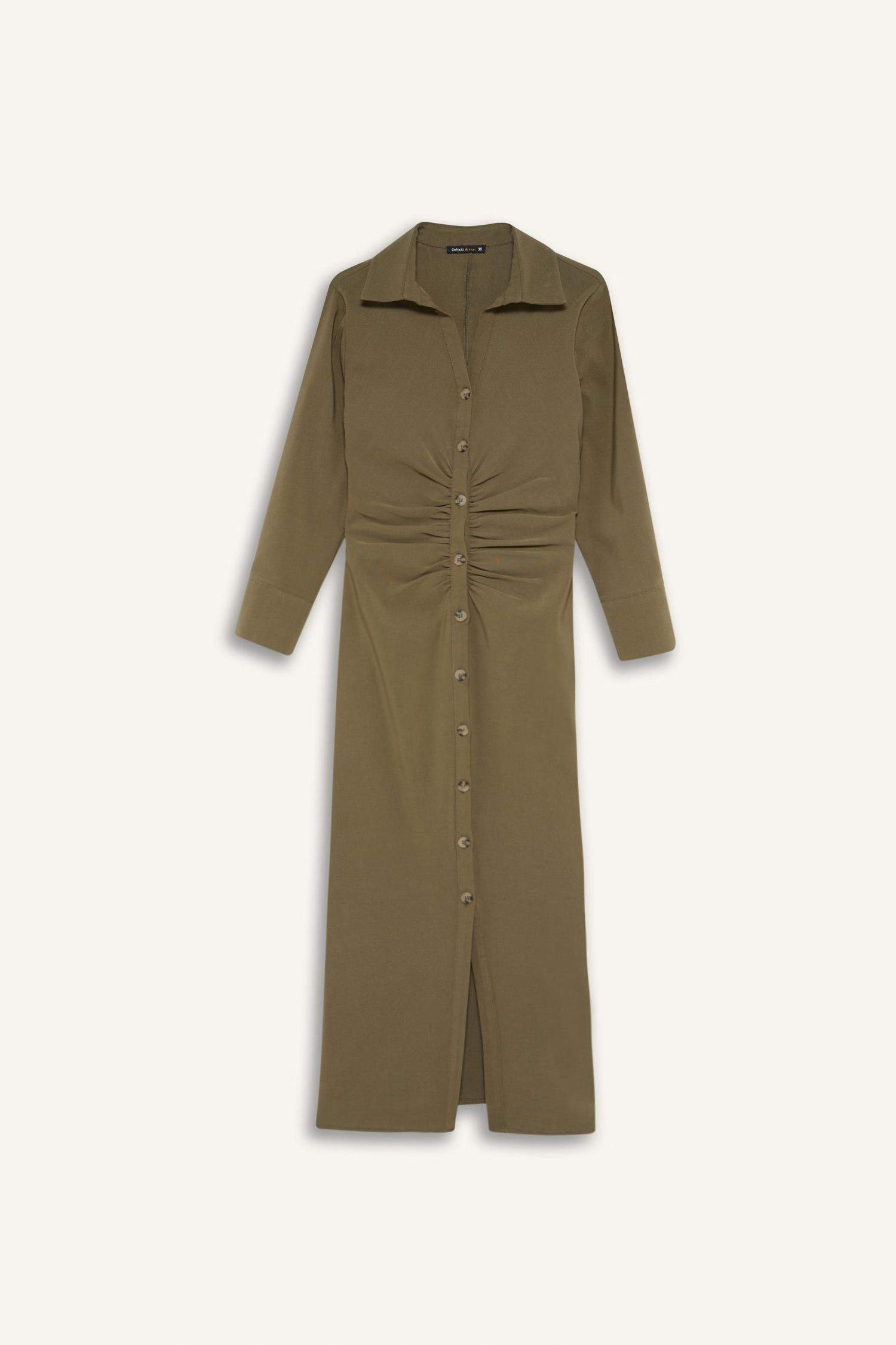 Shirt Collar Basic Buttoned Waist Pleated Half Sleeve Dress