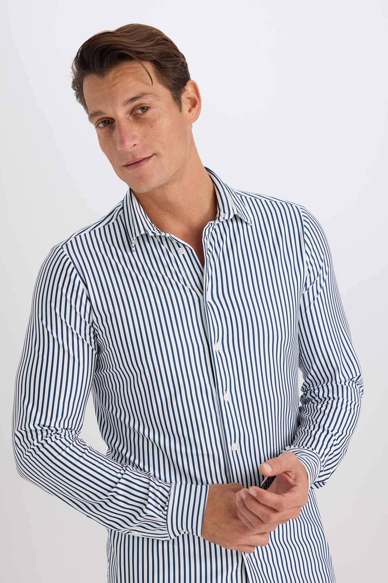 Slim Fit Dar Kesim Polo Yaka Çizgili Uzun Kollu Gömlek