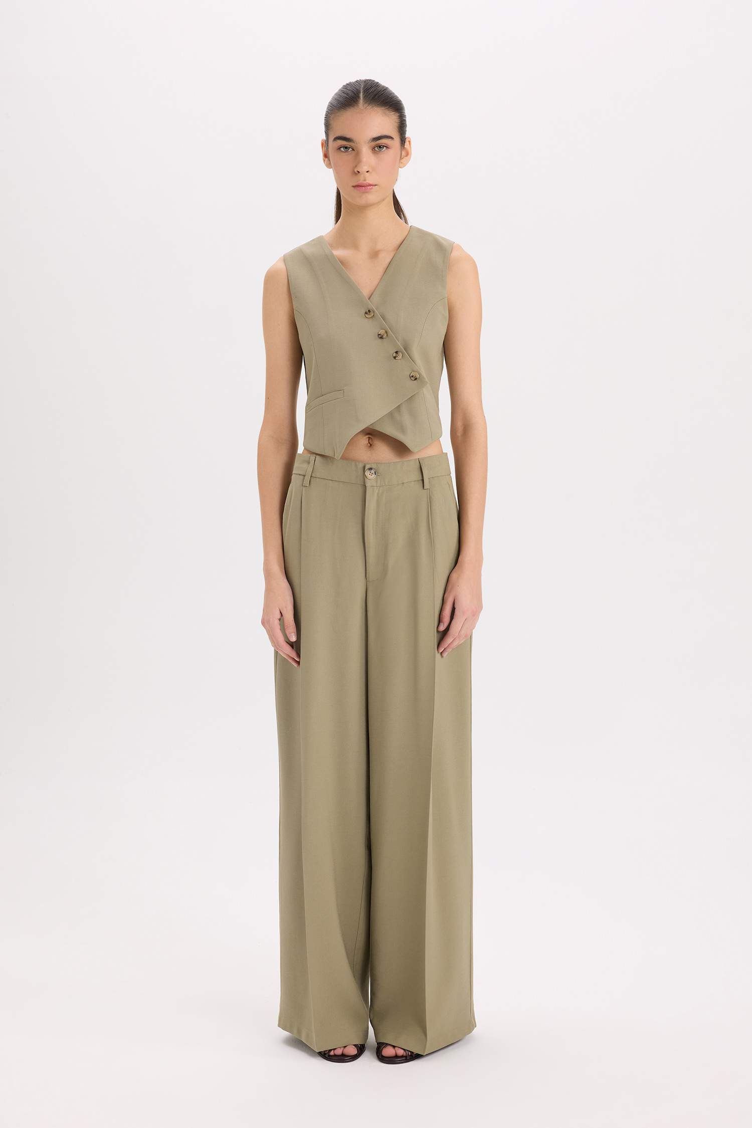 Wide Leg Piliseli Klasik Kumaş Pantolon Yüksek Bel Geniş Paça Basic Düz Tensel  Çift Cepli