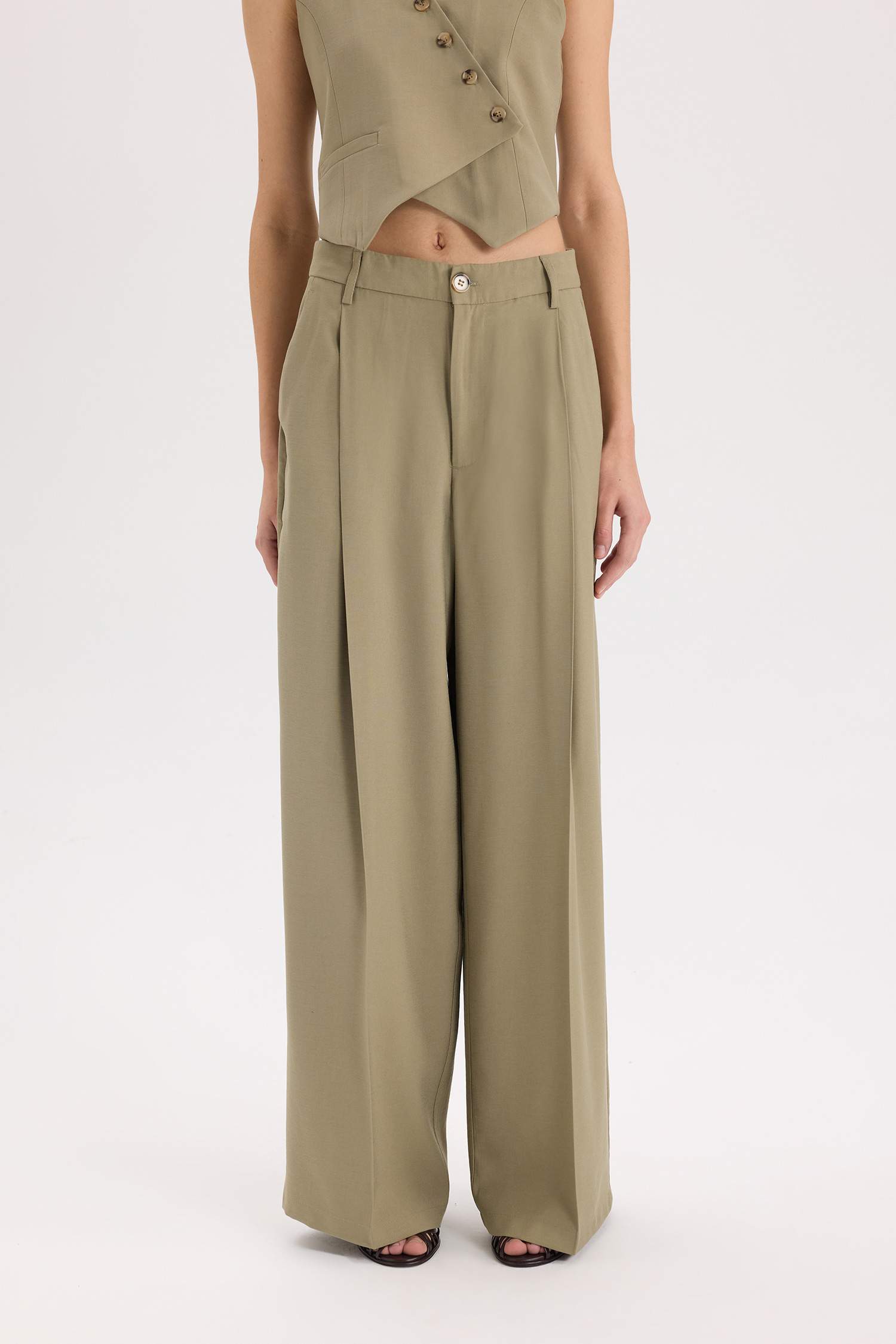 Wide Leg Piliseli Klasik Kumaş Pantolon Yüksek Bel Geniş Paça Basic Düz Tensel  Çift Cepli