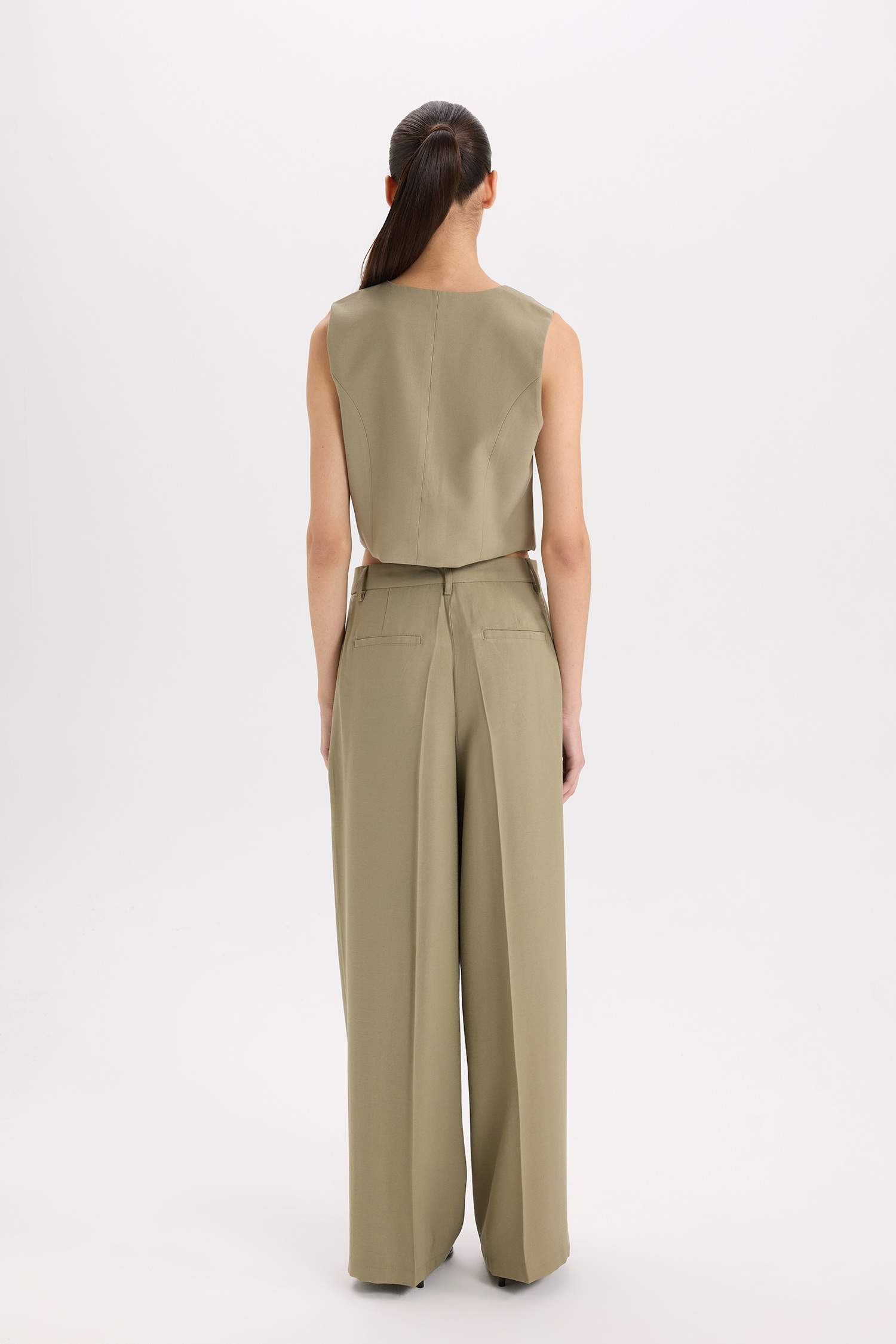 Wide Leg Piliseli Klasik Kumaş Pantolon Yüksek Bel Geniş Paça Basic Düz Tensel  Çift Cepli