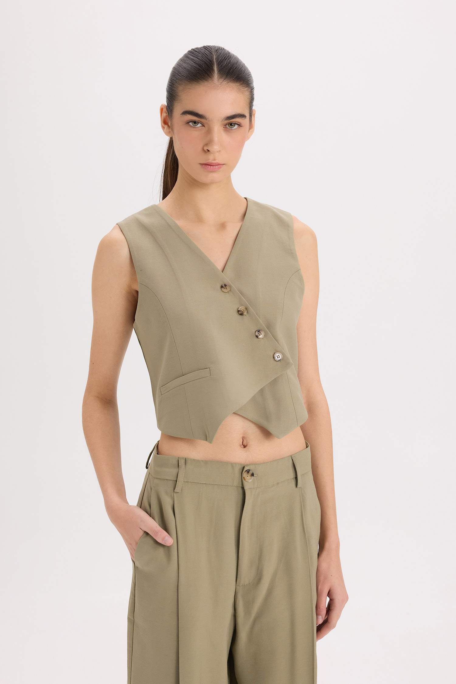 Regular Fit V Yaka Çapraz Düğmeli Tensel Blazer Yelek