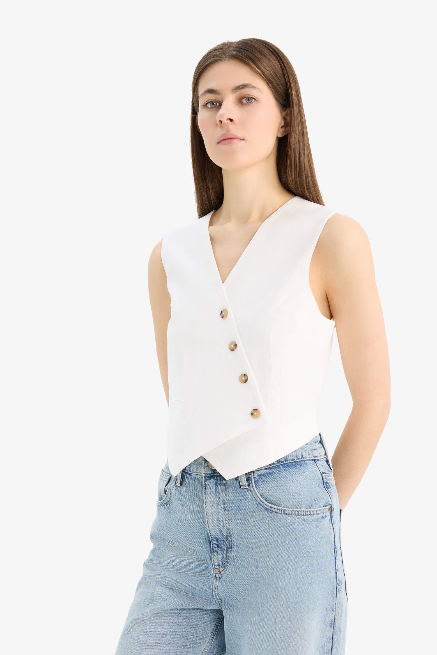 Regular Fit V Yaka Çapraz Düğmeli Tensel Blazer Yelek