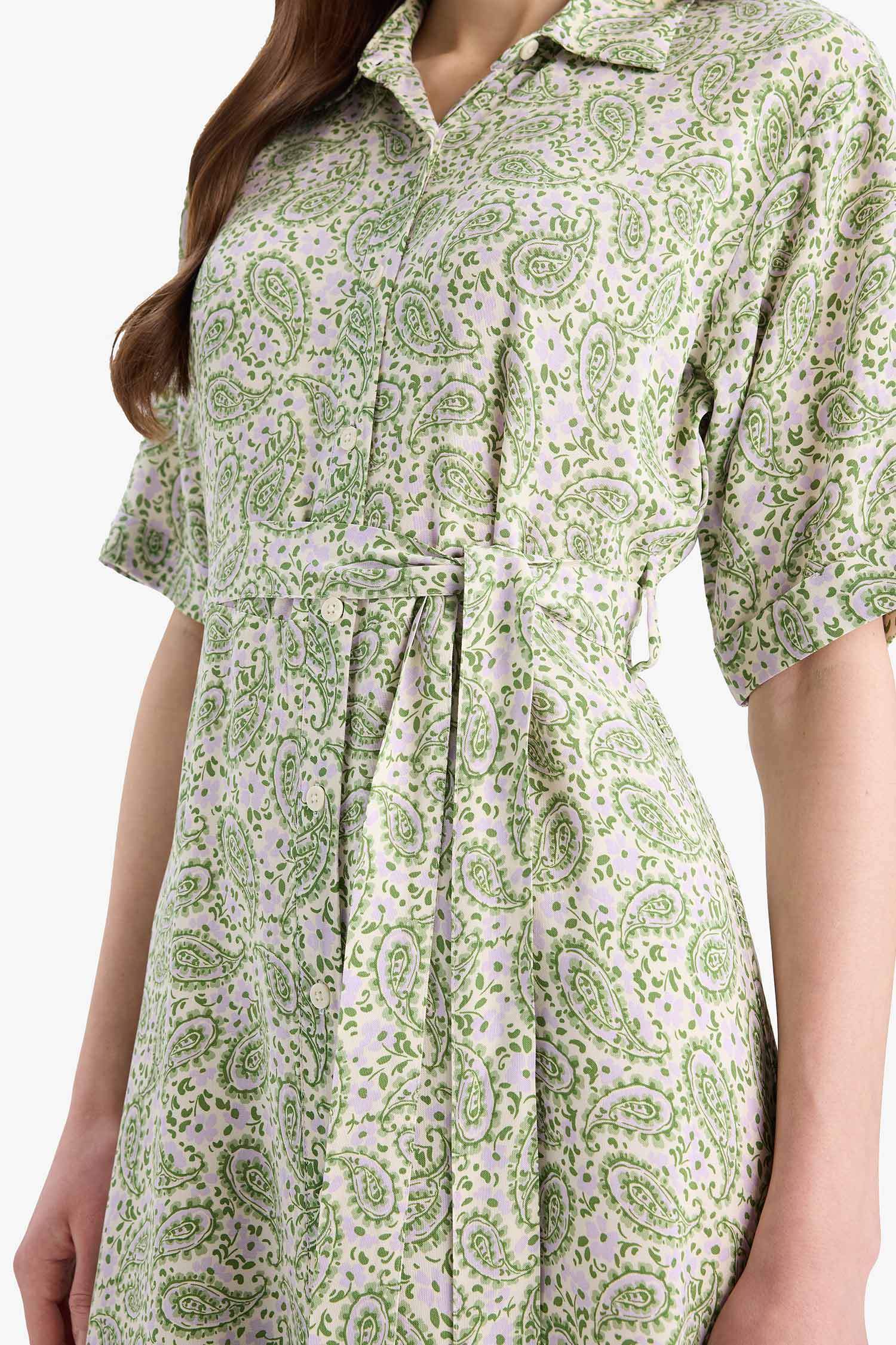 A Cut Shirt Collar Printed Double Sleeves Dress