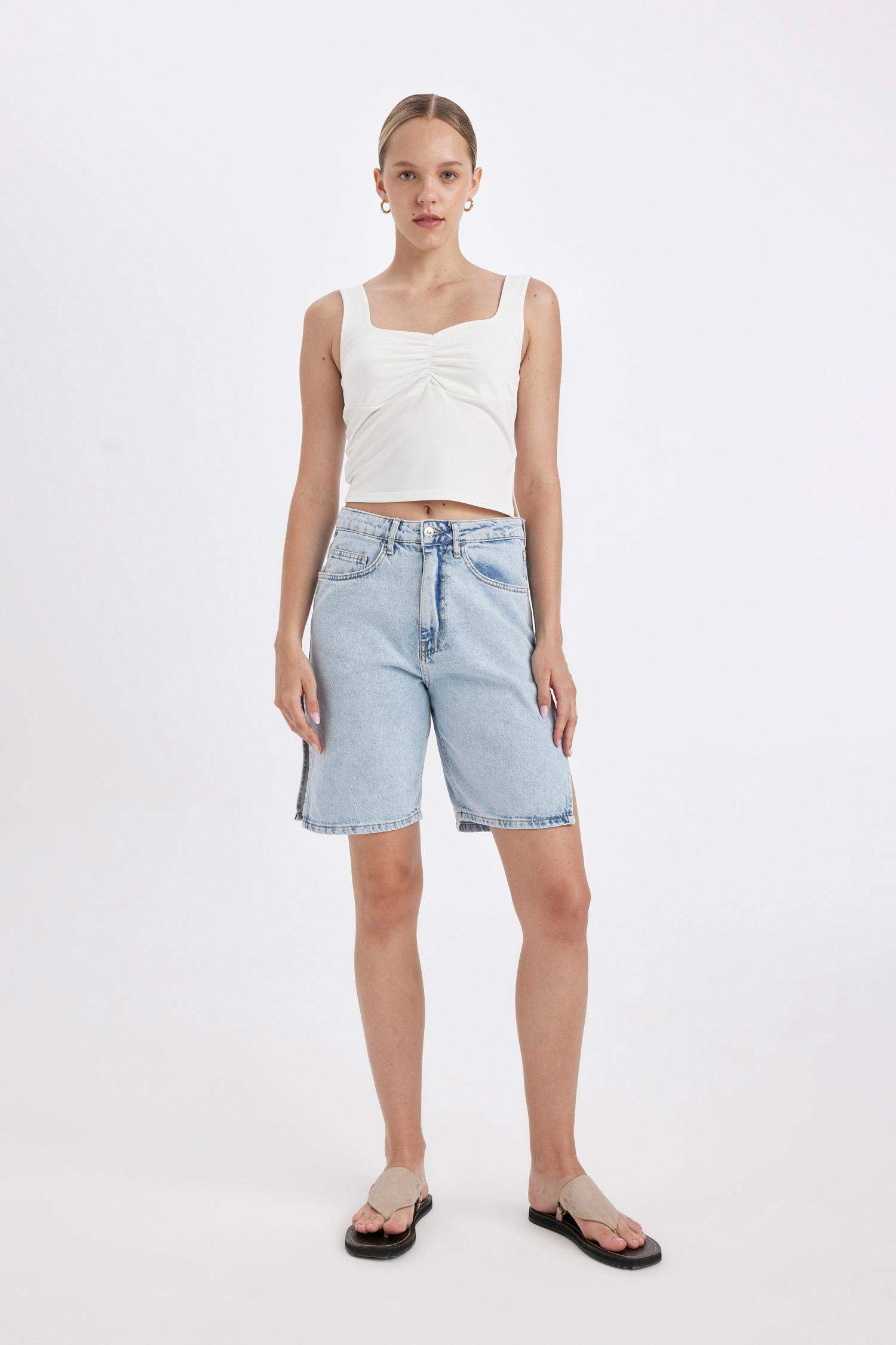 High Waist Denim Bermuda Shorts