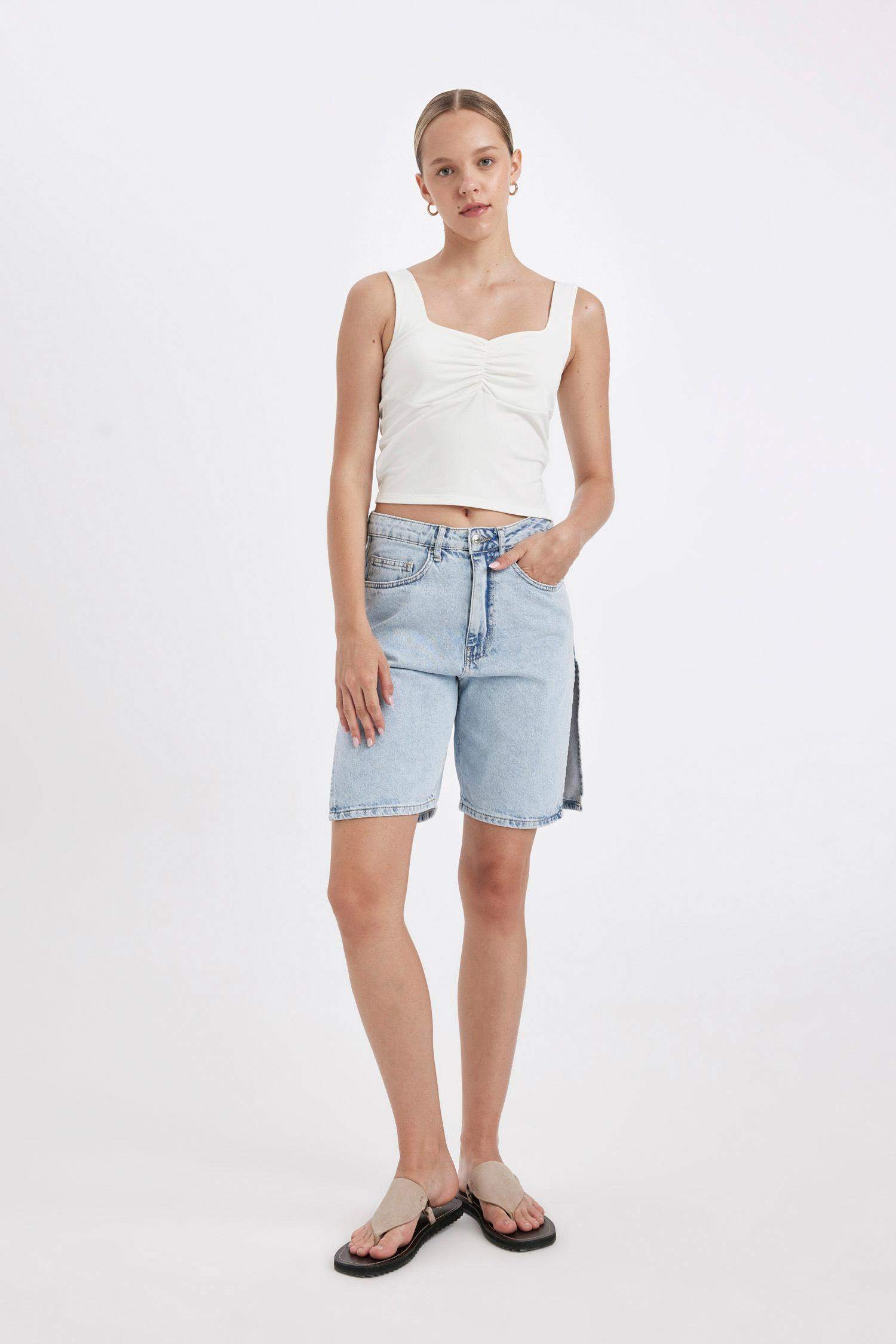 High Waist Denim Bermuda Shorts