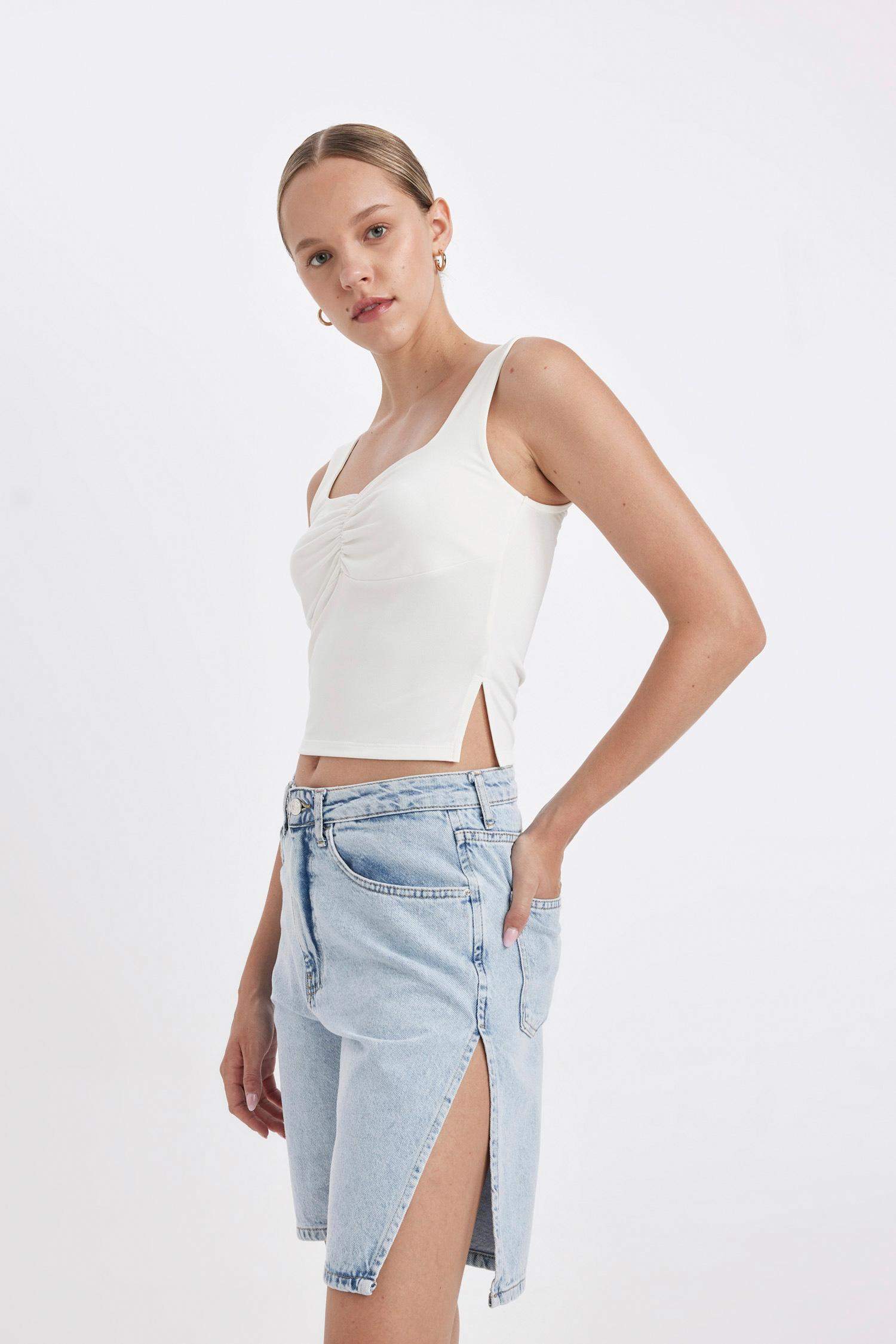 High Waist Denim Bermuda Shorts