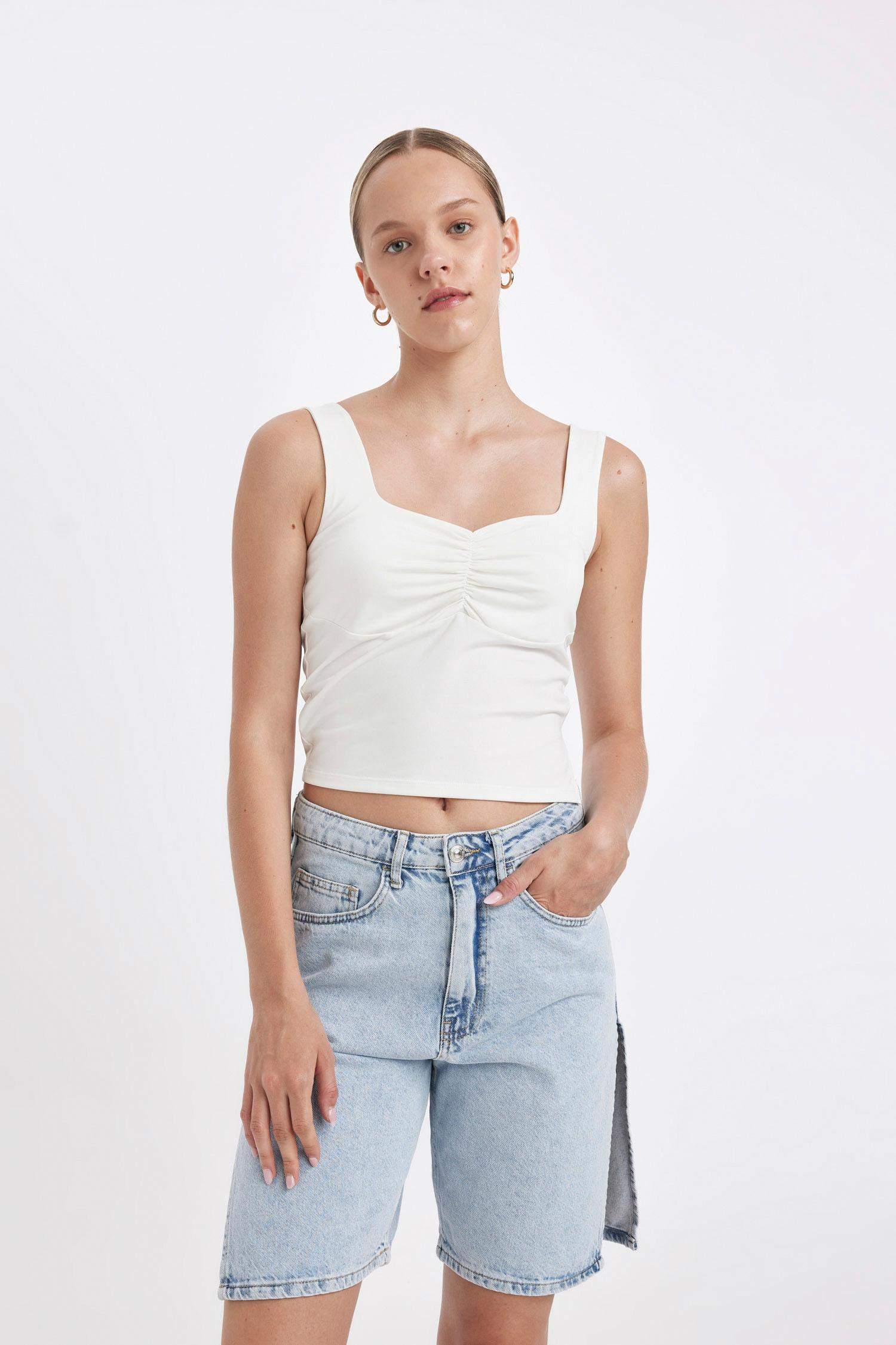 High Waist Denim Bermuda Shorts