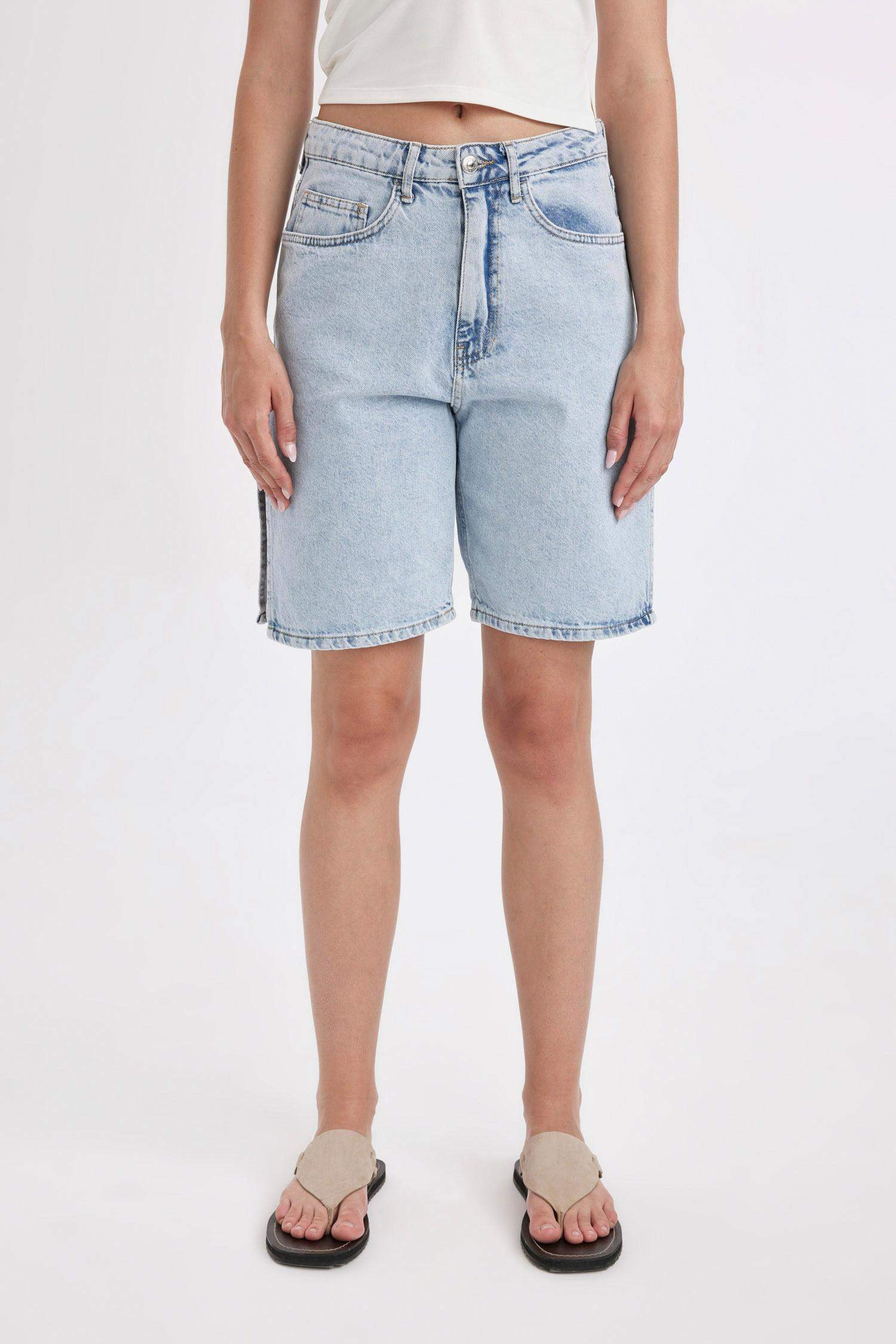 High Waist Denim Bermuda Shorts
