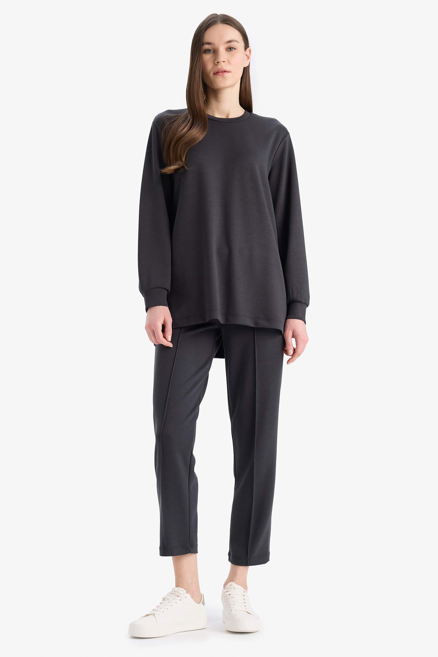 Regular Fit Bisiklet Yaka Basic Düz Sweatshirt Tunik