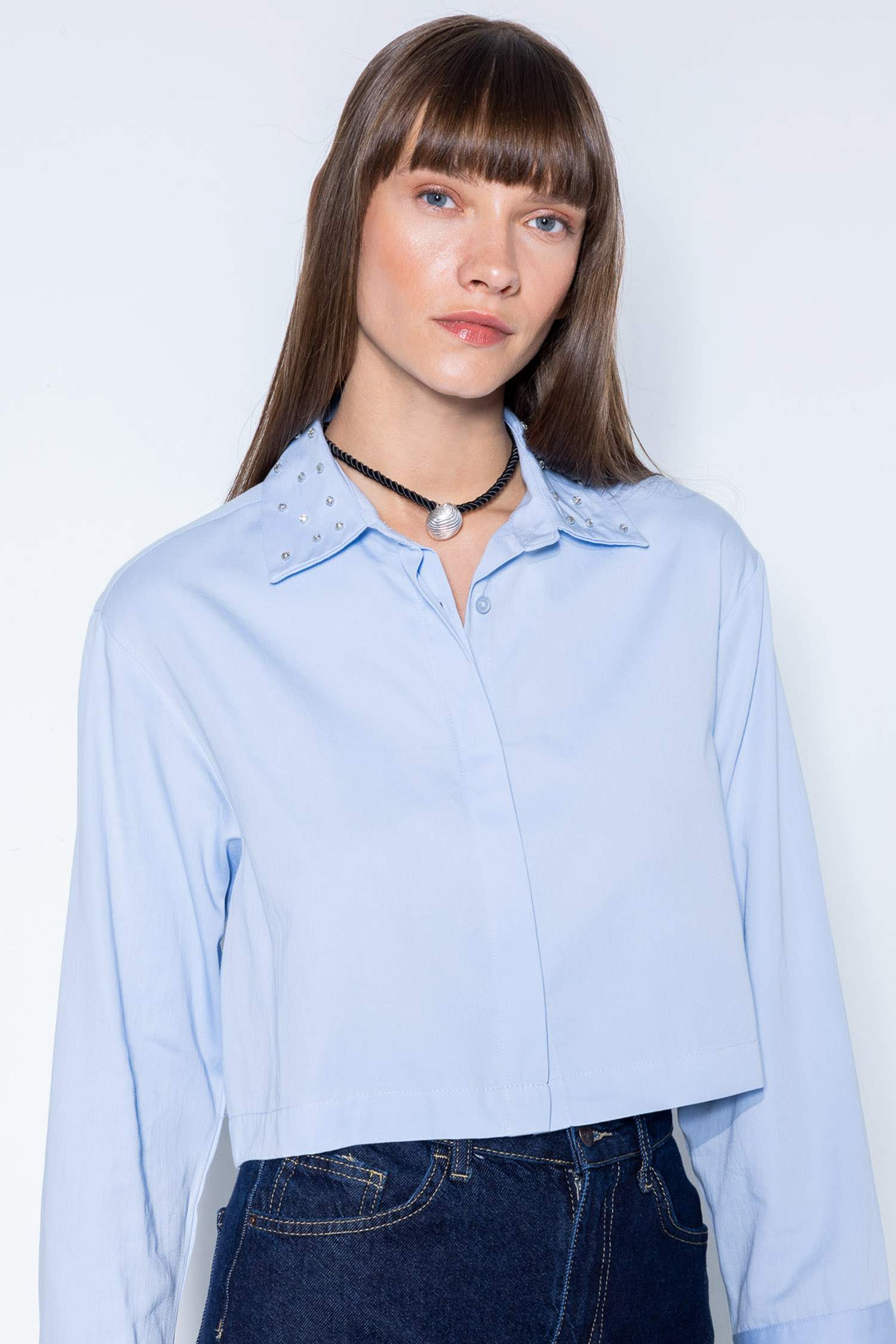 Crop Basic Düz Düğmeli Dokuma Uzun Kollu Gömlek