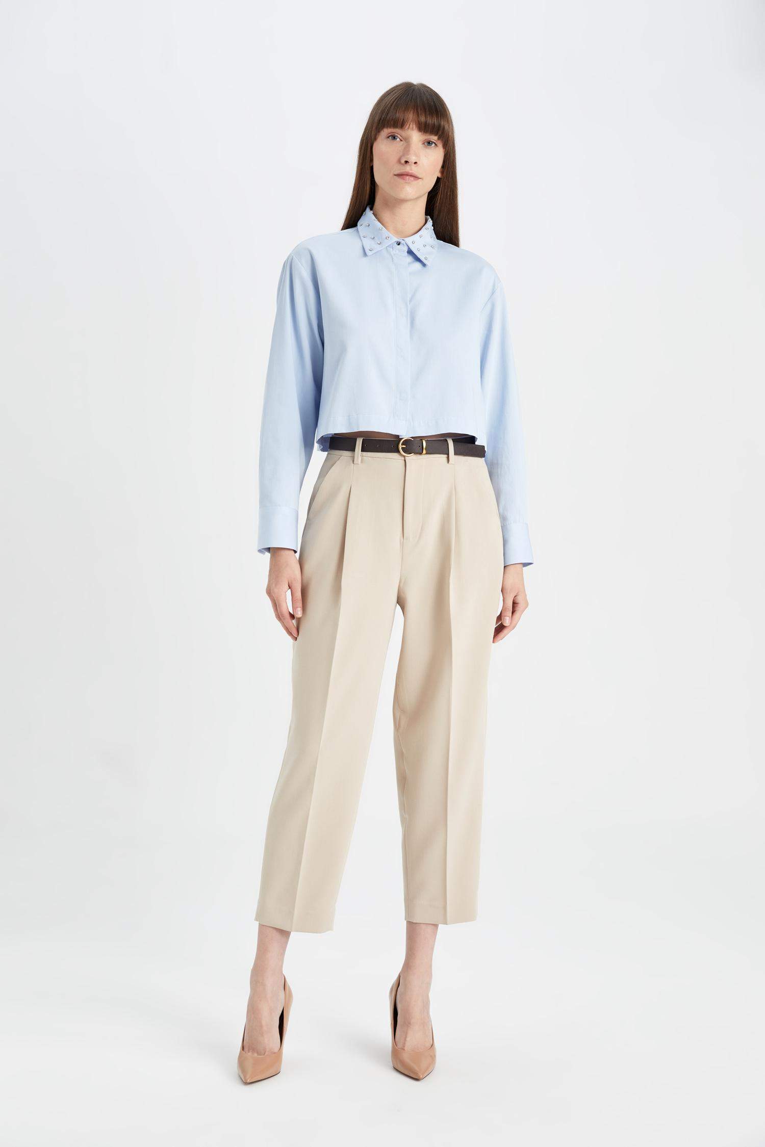 Crop Basic Düz Düğmeli Dokuma Uzun Kollu Gömlek