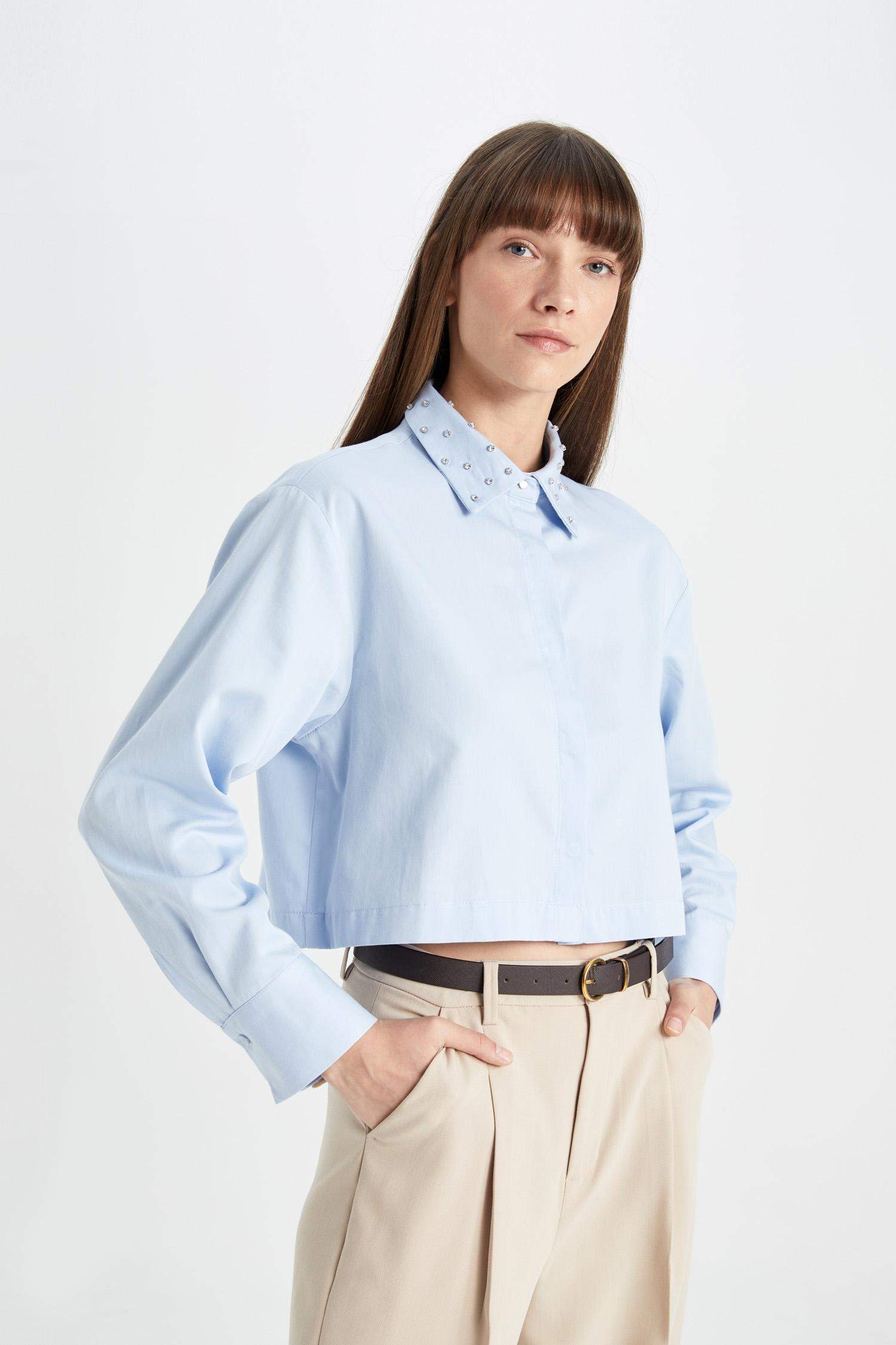 Crop Basic Düz Düğmeli Dokuma Uzun Kollu Gömlek