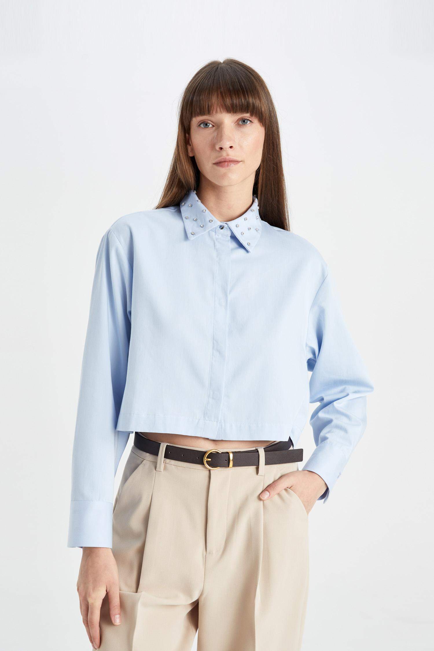 Crop Basic Düz Düğmeli Dokuma Uzun Kollu Gömlek