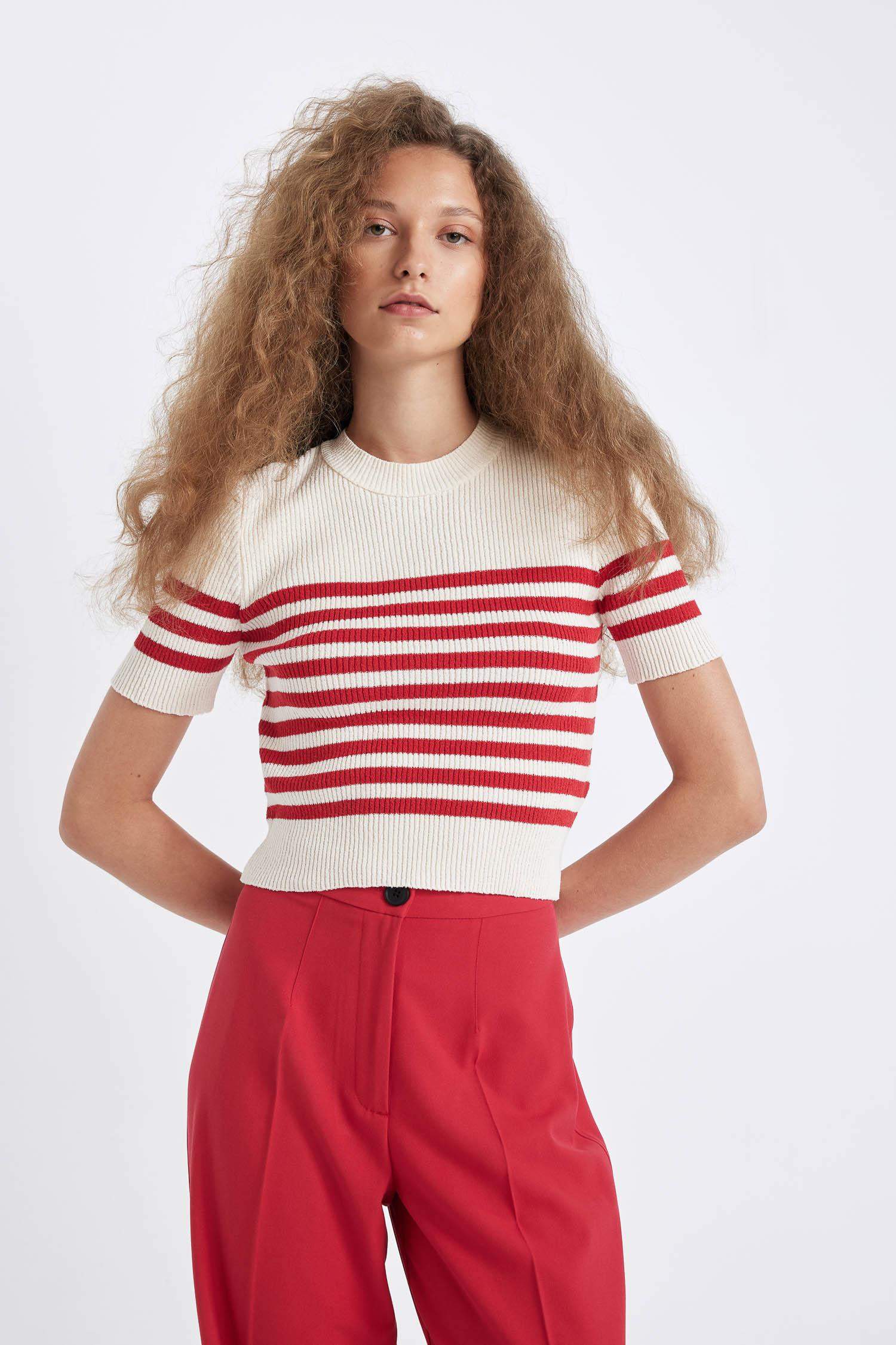 Slim Fit Dar Kesim Çizgili Bisiklet Yaka Kısa Kollu Triko Kazak