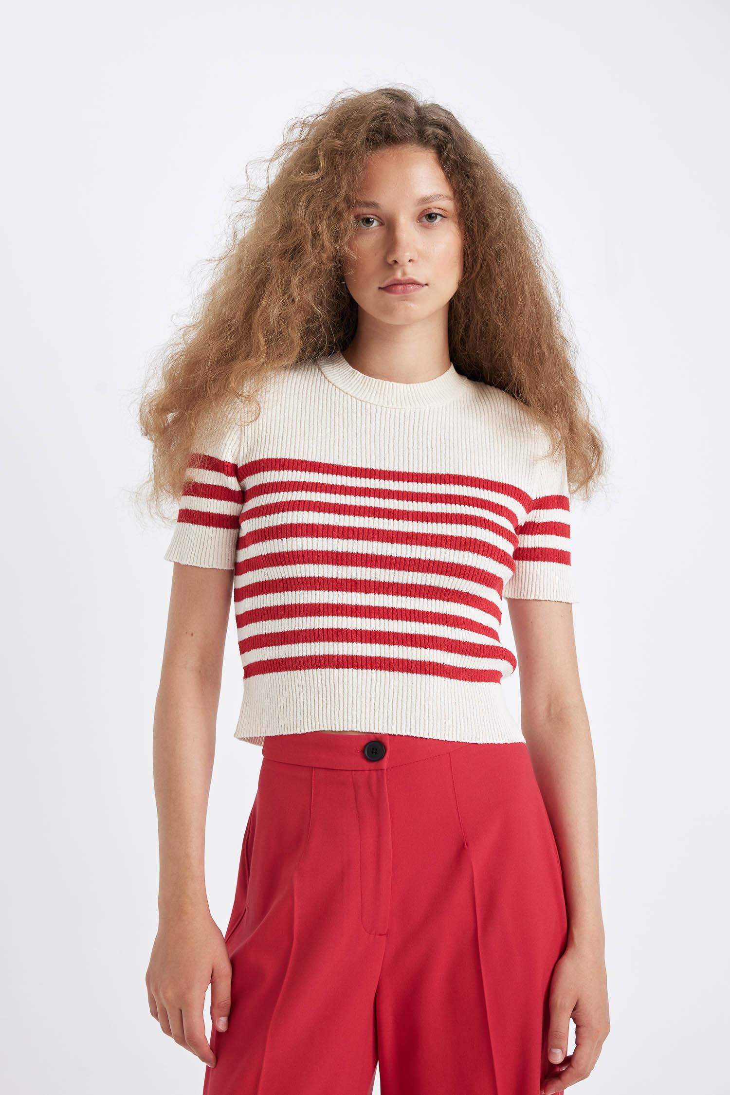 Slim Fit Dar Kesim Çizgili Bisiklet Yaka Kısa Kollu Triko Kazak