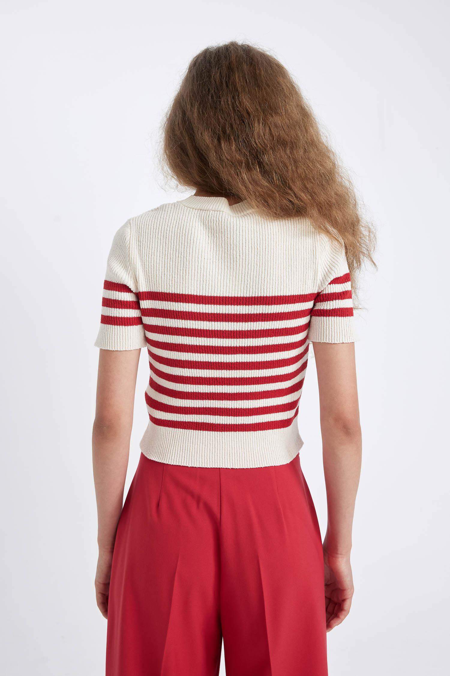 Slim Fit Dar Kesim Çizgili Bisiklet Yaka Kısa Kollu Triko Kazak