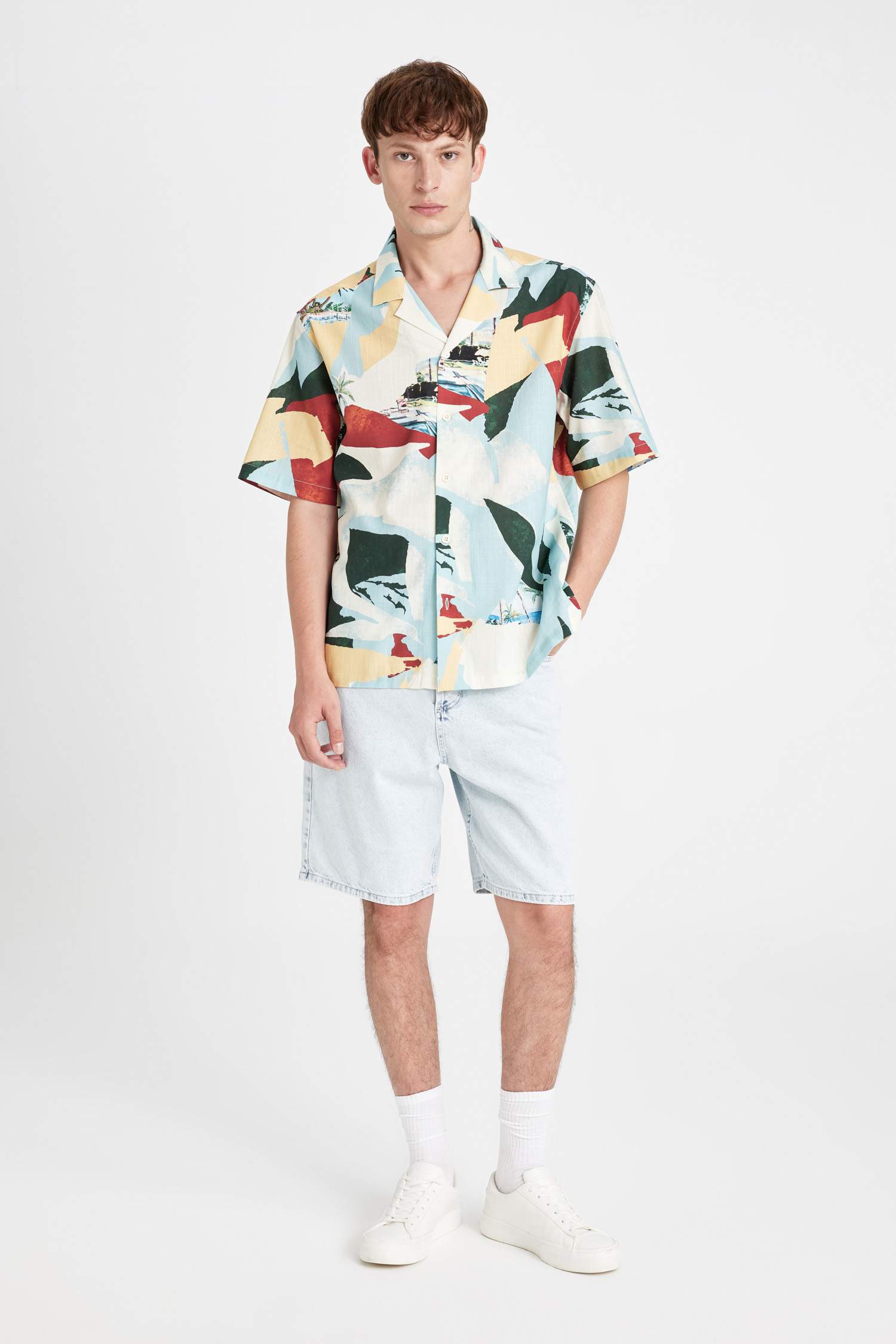 قميص نص ردن قطن مطبوع قصة مريحة وياخة عالية