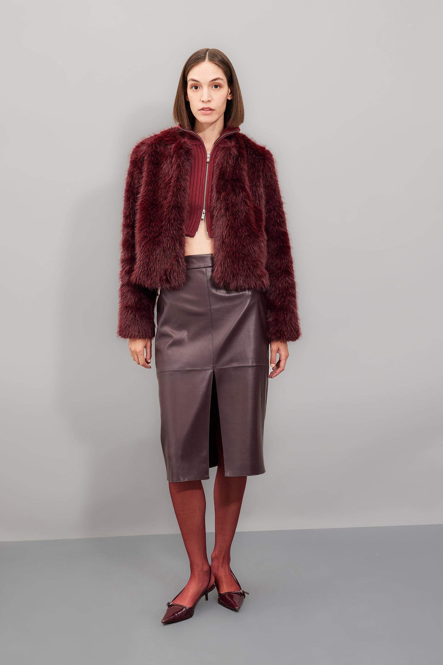 Yüksek Bel Penye Astarlı Yırtmaçlı Midi Suni Deri Bordo Kalem Etek