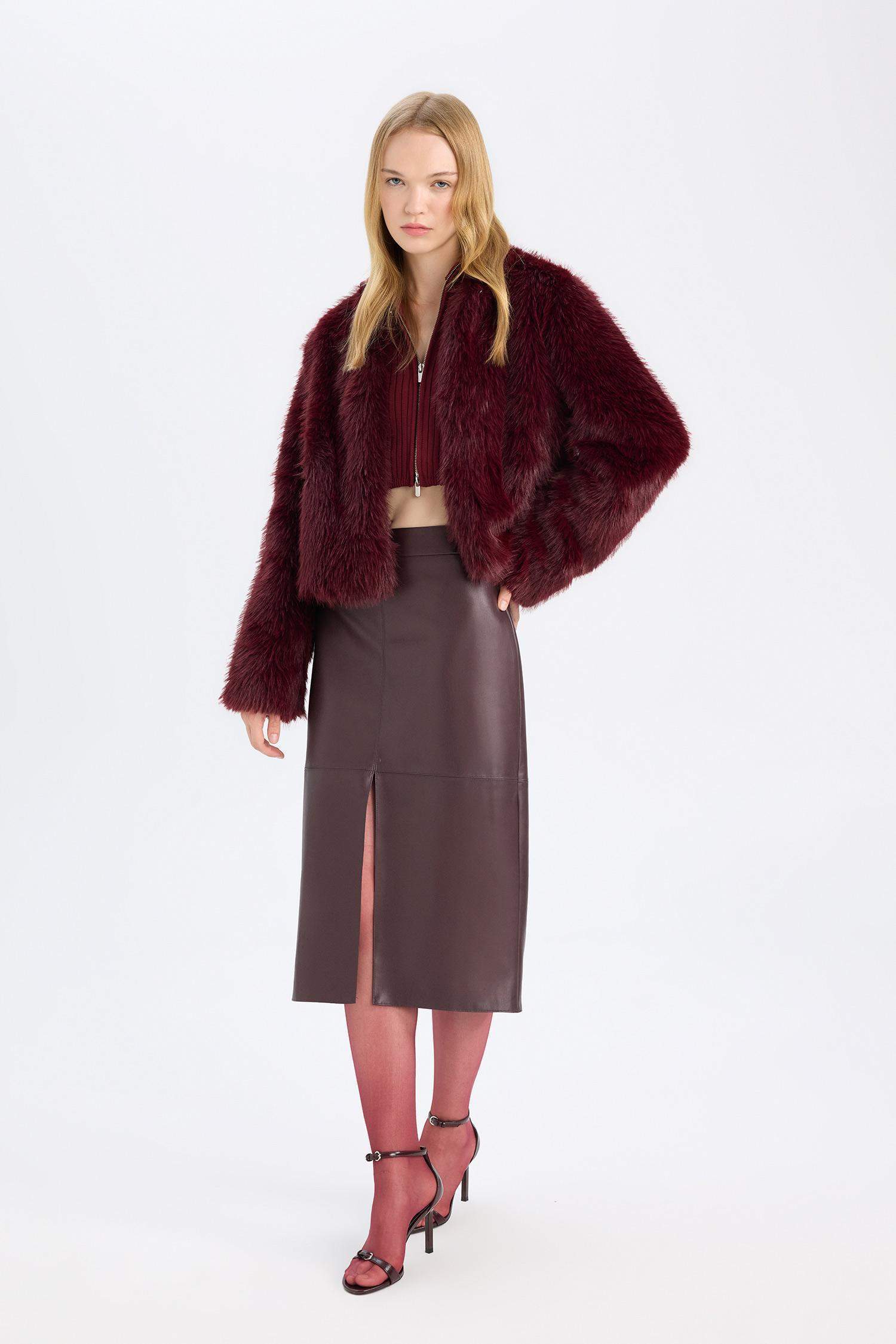 Yüksek Bel Penye Astarlı Yırtmaçlı Midi Suni Deri Bordo Kalem Etek