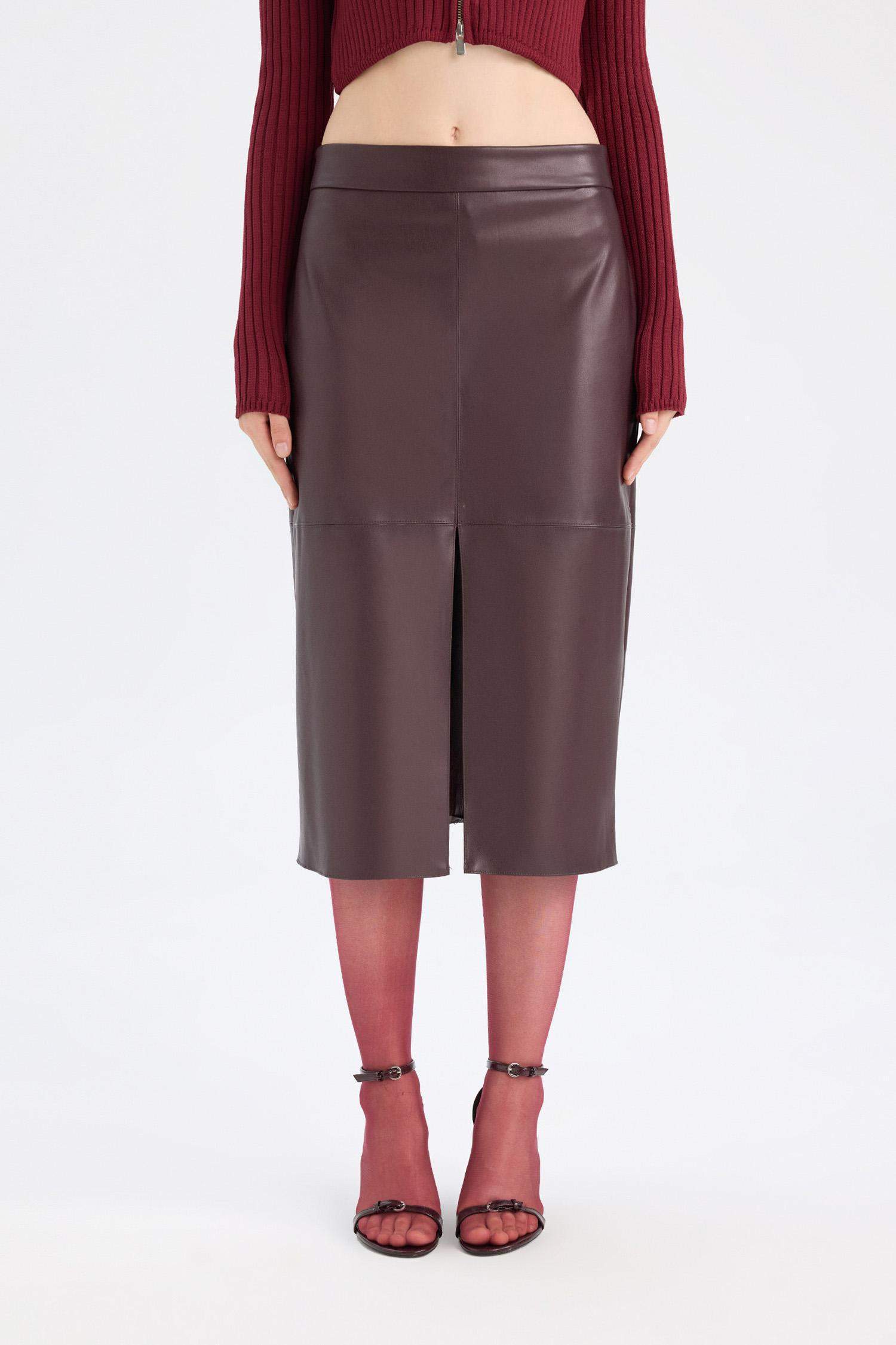 Yüksek Bel Penye Astarlı Yırtmaçlı Midi Suni Deri Bordo Kalem Etek