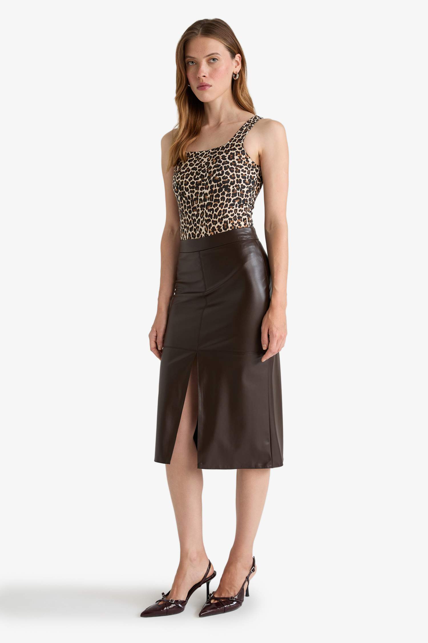 Kalem Yüksek Bel Penye Astar Suni Deri Midi Etek