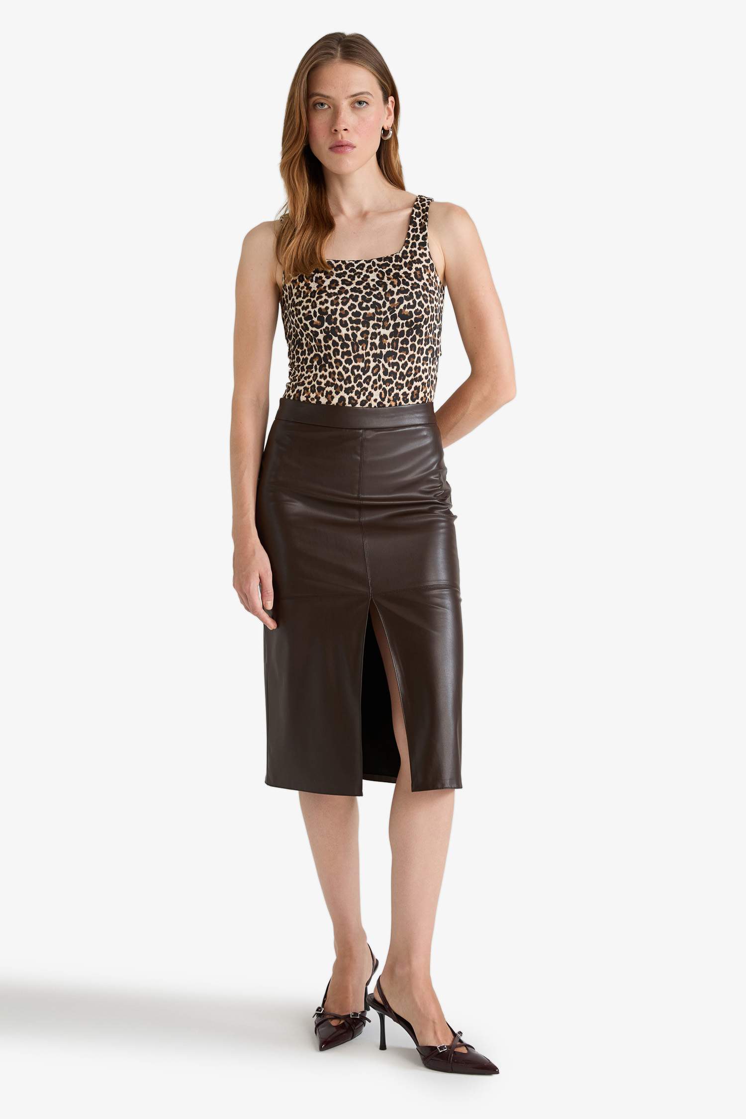 Kalem Yüksek Bel Penye Astar Suni Deri Midi Etek