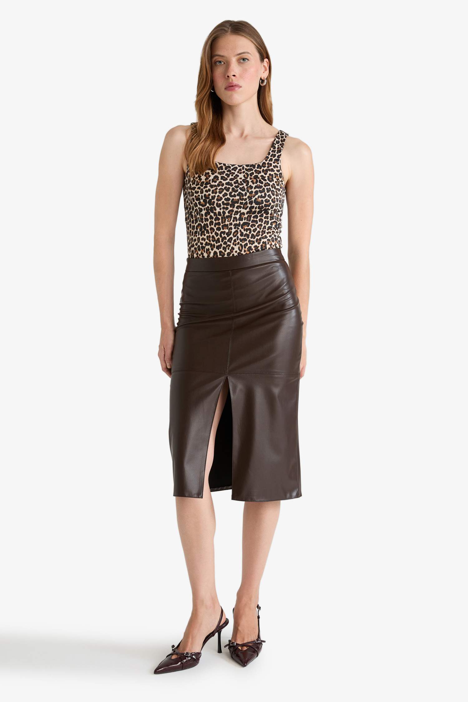 Kalem Yüksek Bel Penye Astar Suni Deri Midi Etek