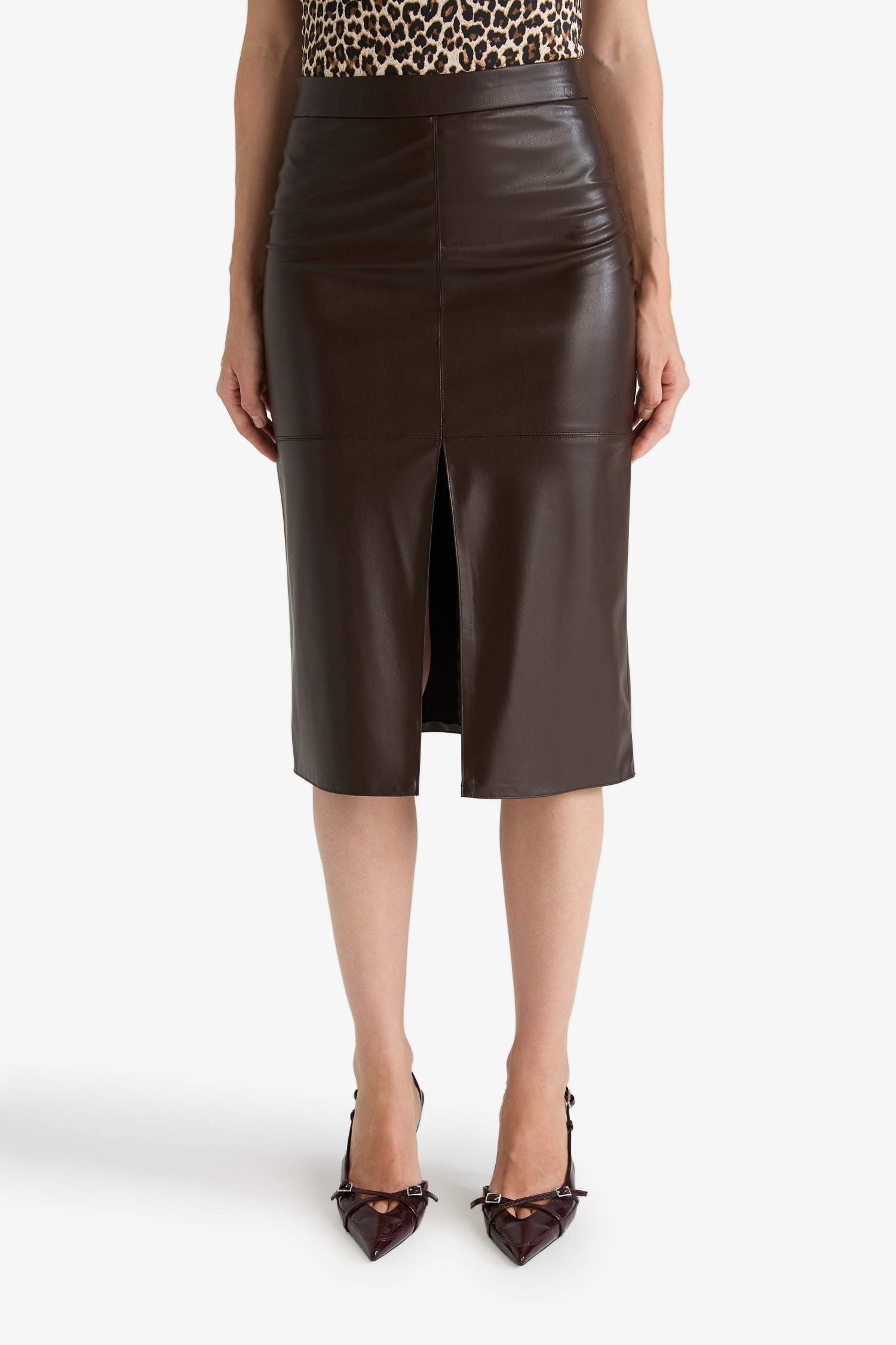 Kalem Yüksek Bel Penye Astar Suni Deri Midi Etek