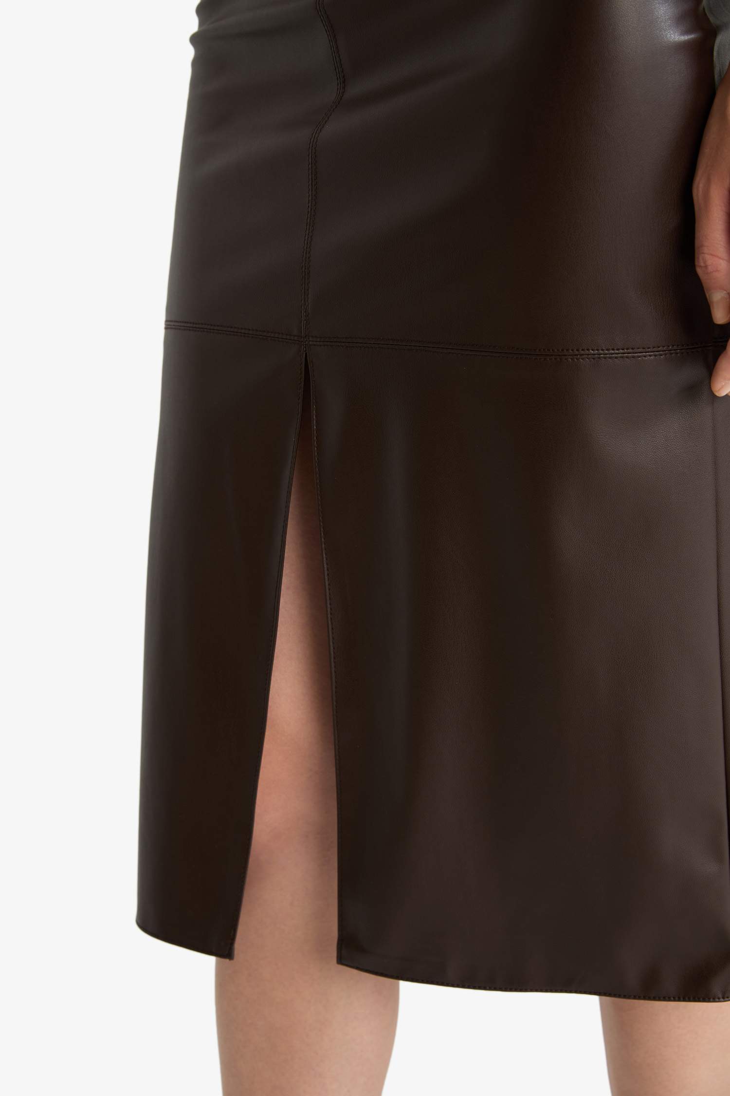 Kalem Yüksek Bel Penye Astar Suni Deri Midi Etek