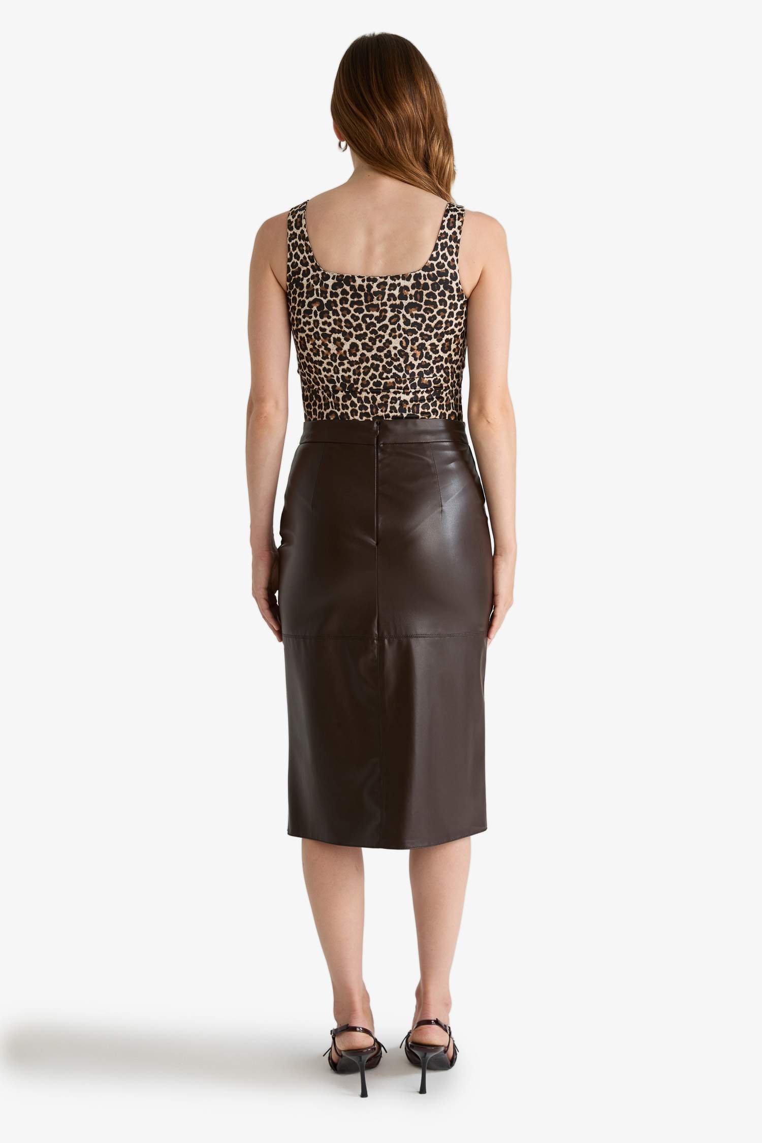 Kalem Yüksek Bel Penye Astar Suni Deri Midi Etek