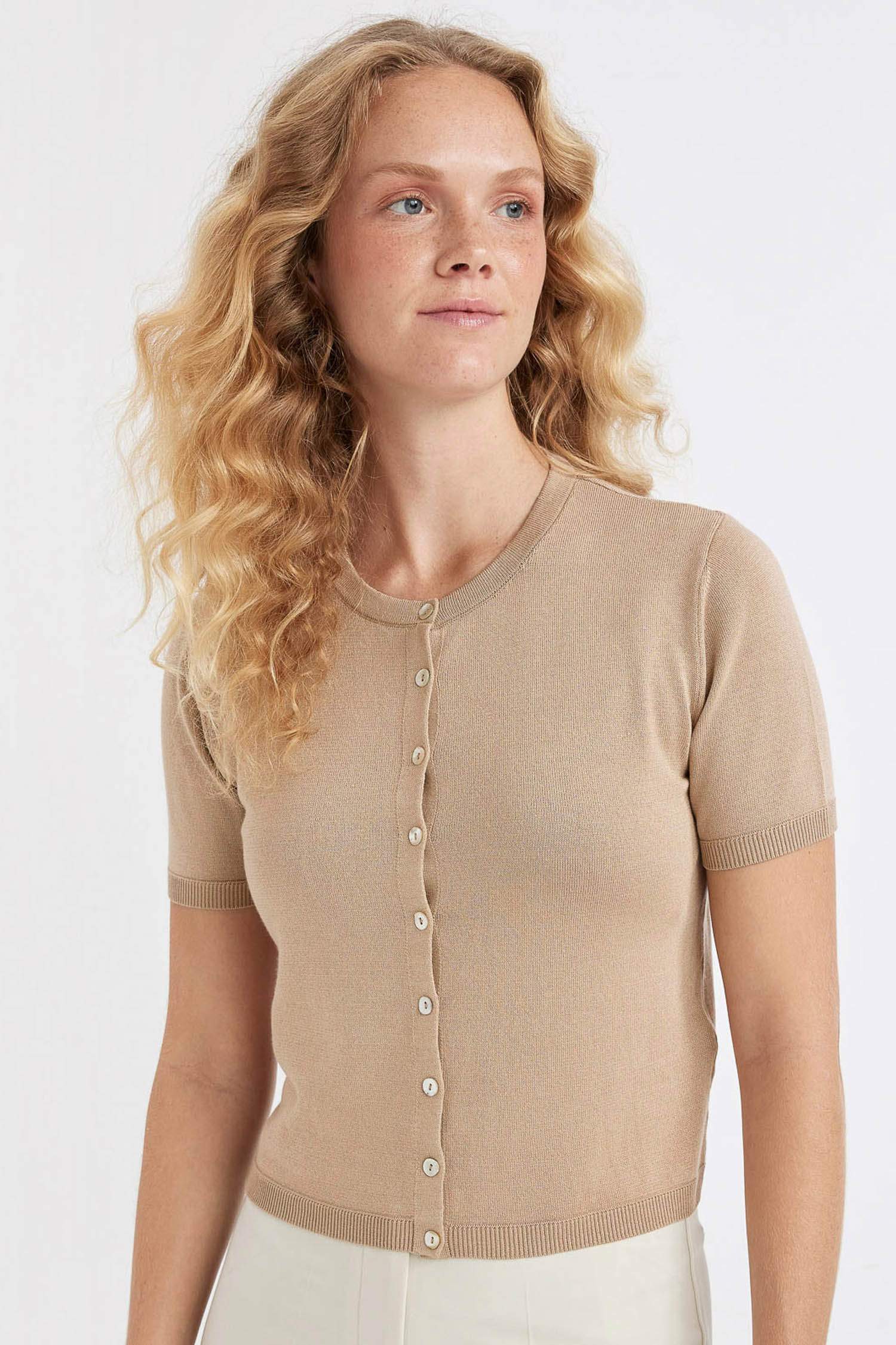 Regular Fit Bisiklet Yaka Basic Düz Düğmeli Kısa Kollu Triko Hırka