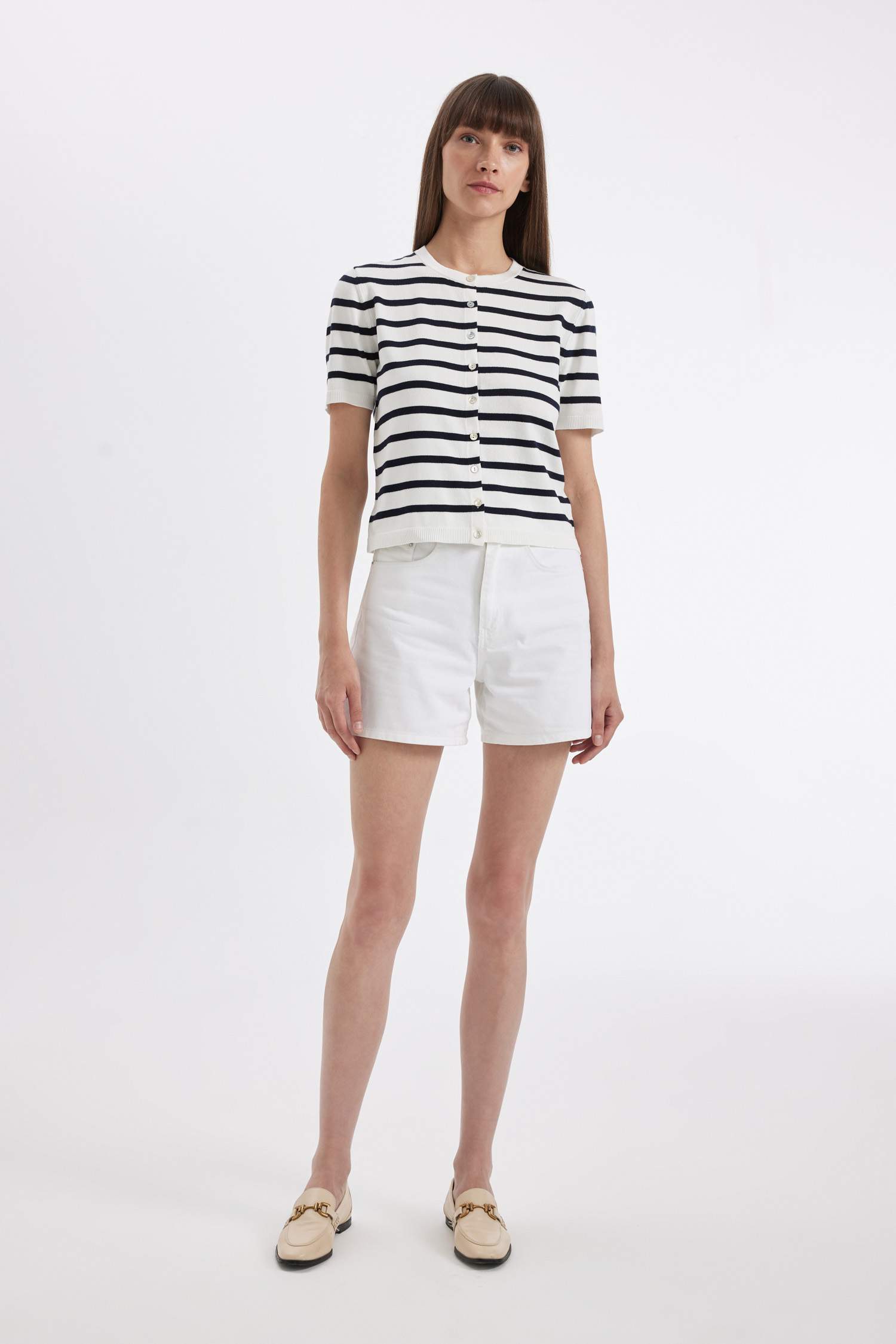 Regular Fit Çizgili Düğmeli Kısa Kollu Triko Hırka