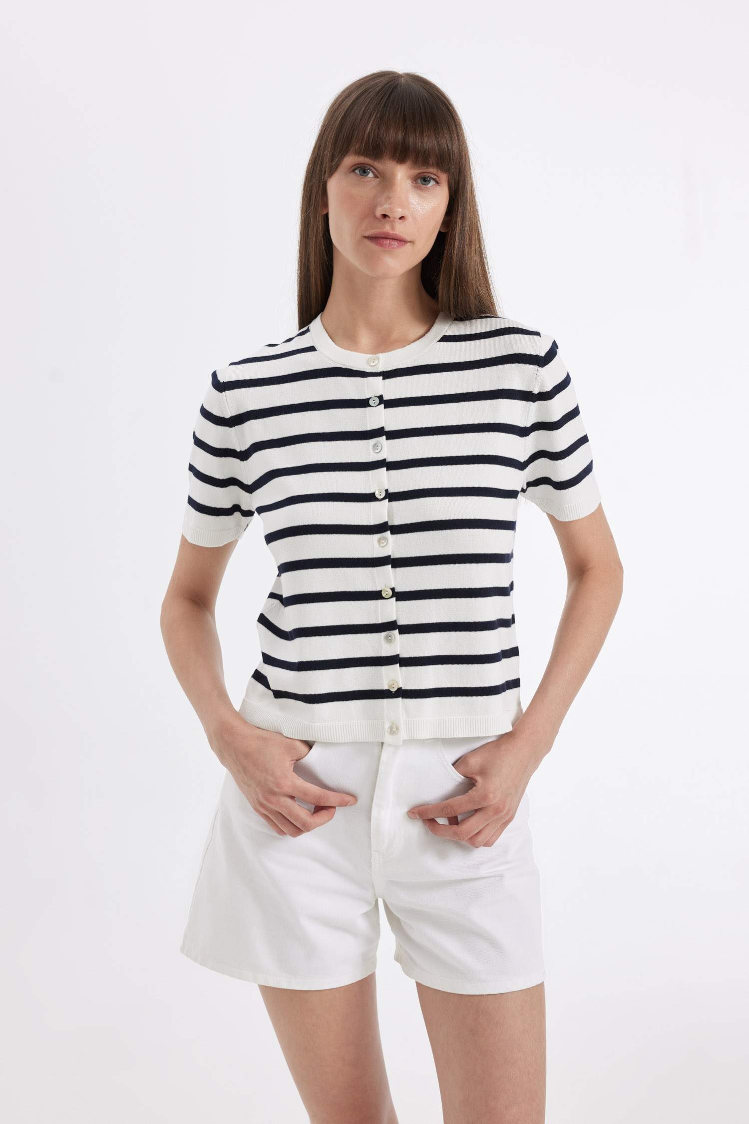 Regular Fit Çizgili Düğmeli Kısa Kollu Triko Hırka