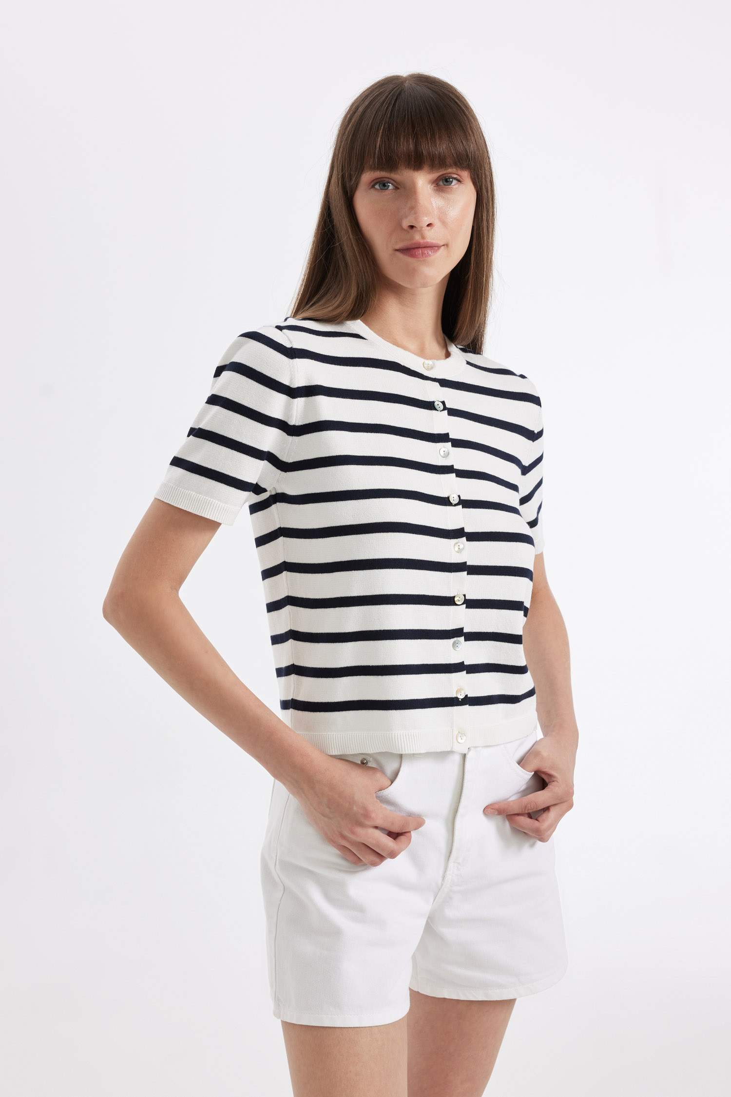 Regular Fit Çizgili Düğmeli Kısa Kollu Triko Hırka